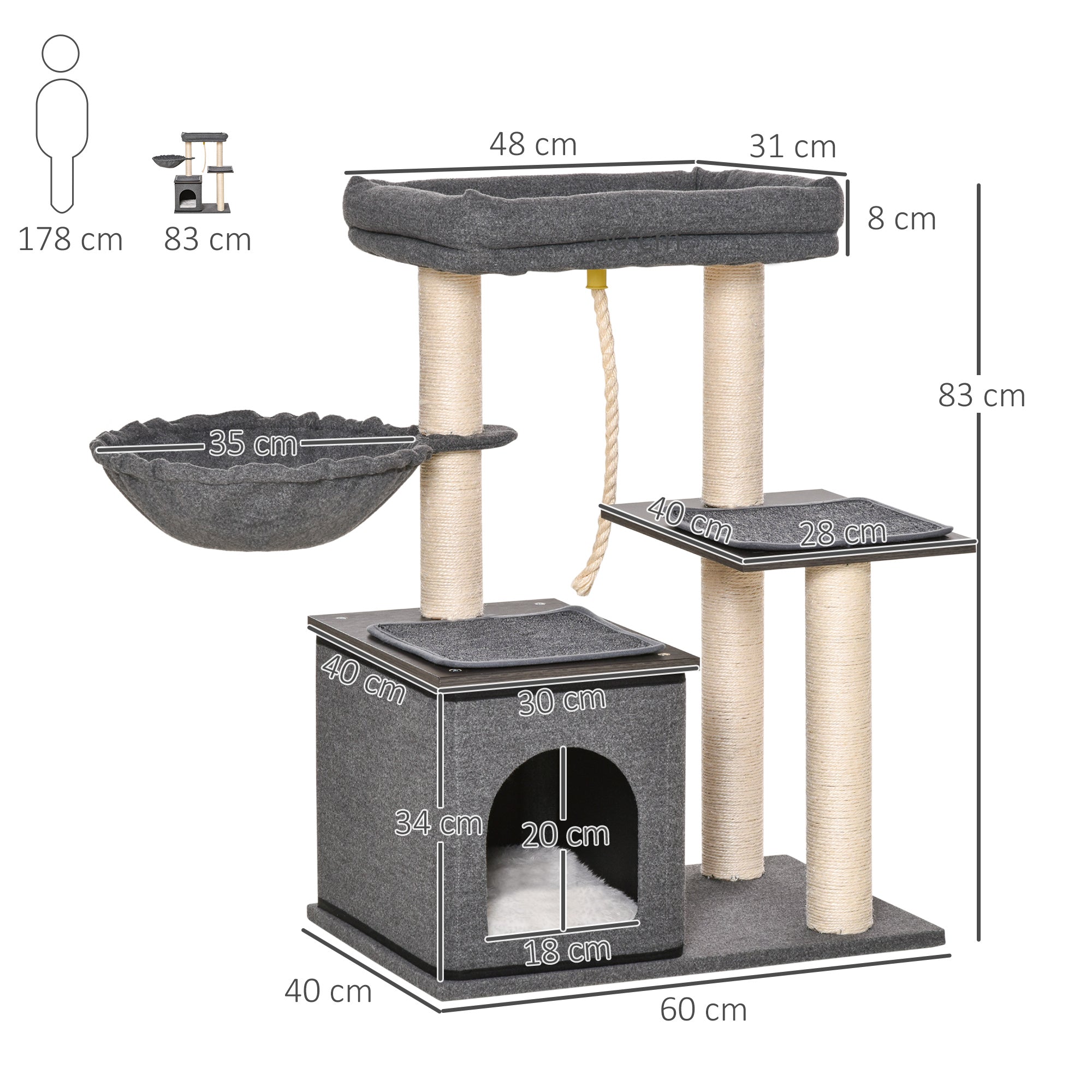 Cat Tree Tower for Indoor Cats Climbing Activity Center Kitten Furniture with Sisal Scratching Post Bed Condo Perch Teasing Rope 60 x 40 x 83cm Dark Grey