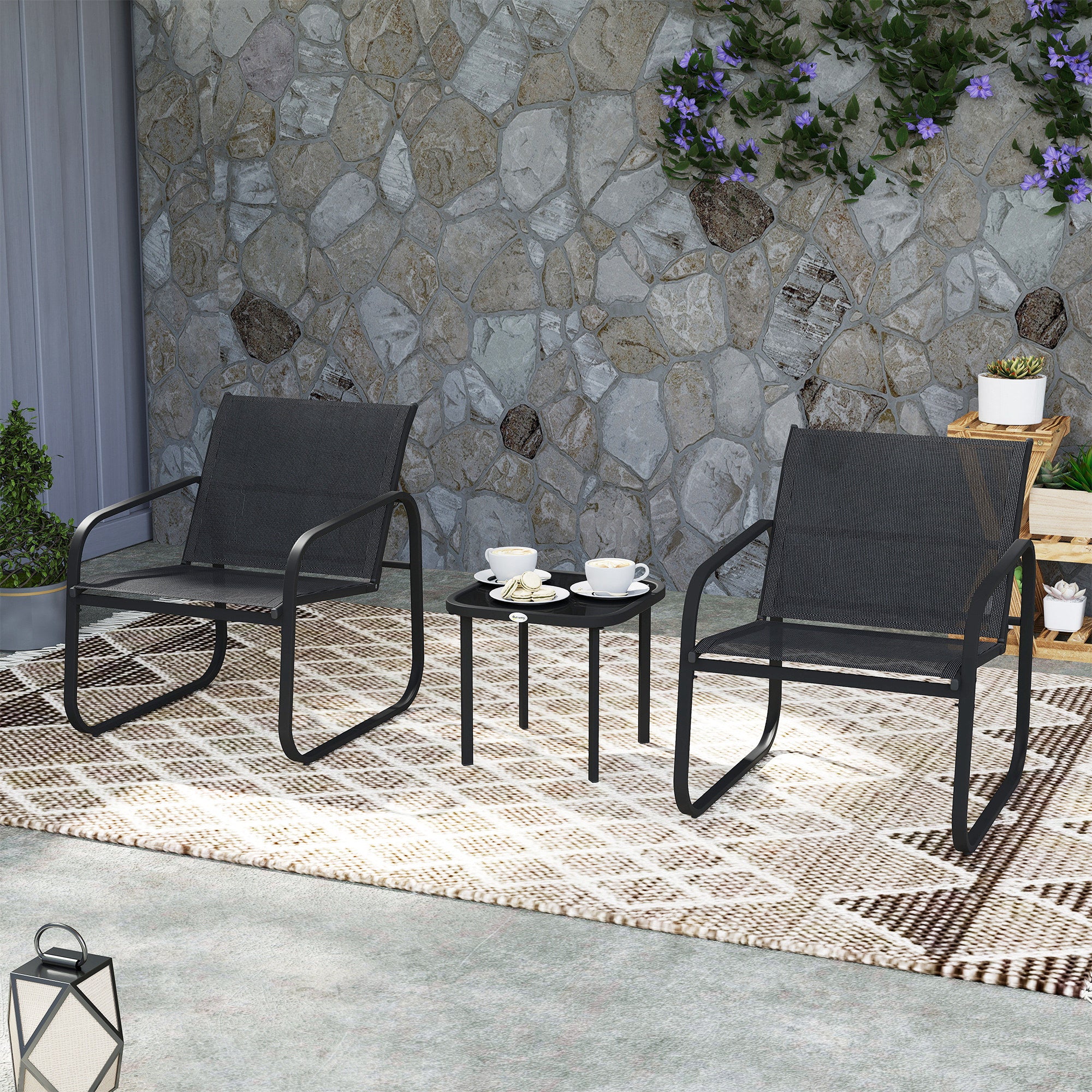 3 Piece Powder Coated Steel Garden Seating Set with Glass Table - Black