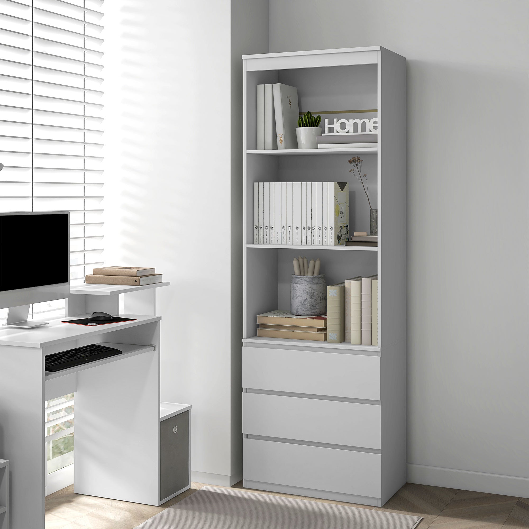 180cm Tall Bookcase, with Shelves and Drawers - White