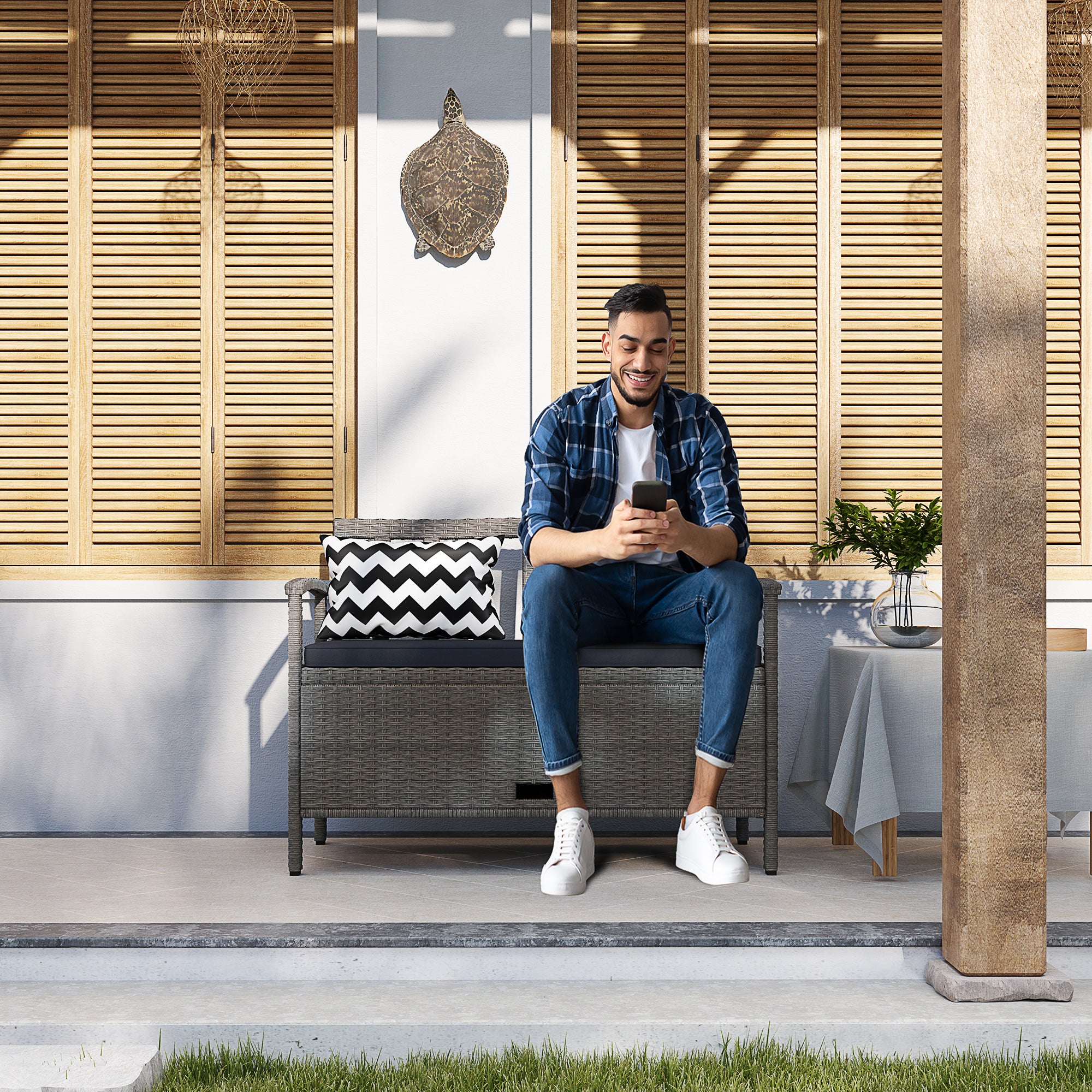 Two-Seater Outdoor Rattan Storage Bench 160L Capacity - Grey
