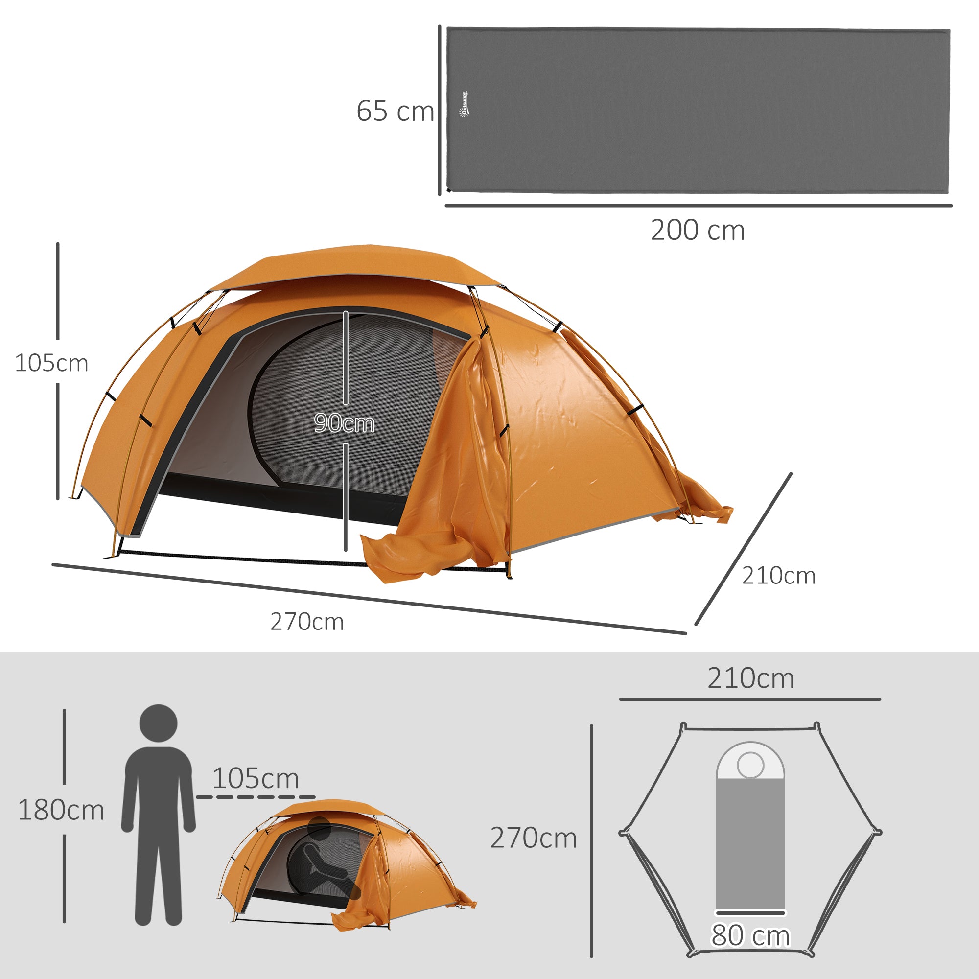 Camping Tent with Self Inflatable Mattress, 1 Person Dome Tent with Removable Rainfly and Aluminium Frame, 2000mm Waterproof, Portable with Bags, for Fishing Hiking, Orange/Grey