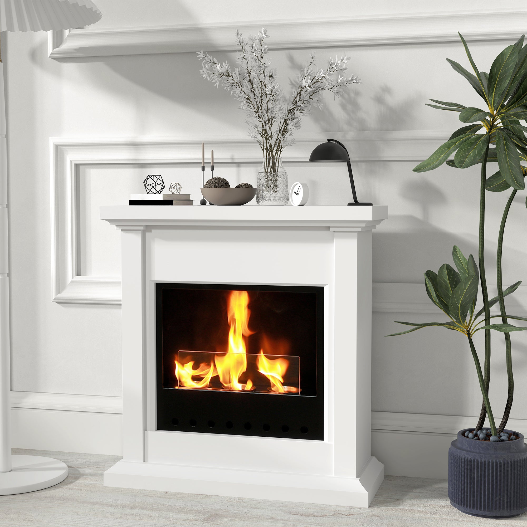 Bioethanol Fire Heater, with Mantelpiece - White