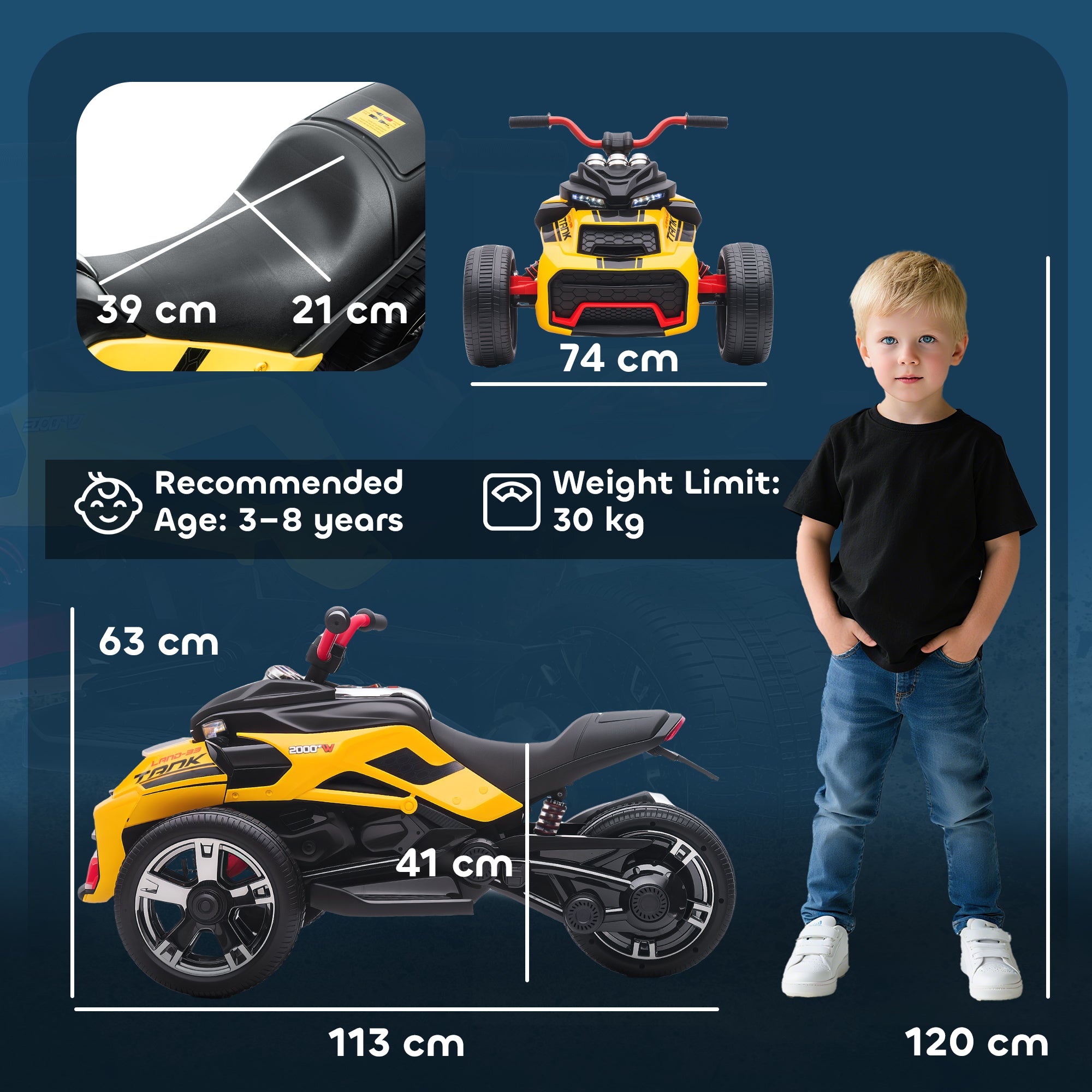 12V Kids Electric Ride On Car with 3 Wheeler, MP3 Player, Horn, 2 Speeds, LED Lights for Boys & Girls Ages 3-8, Yellow