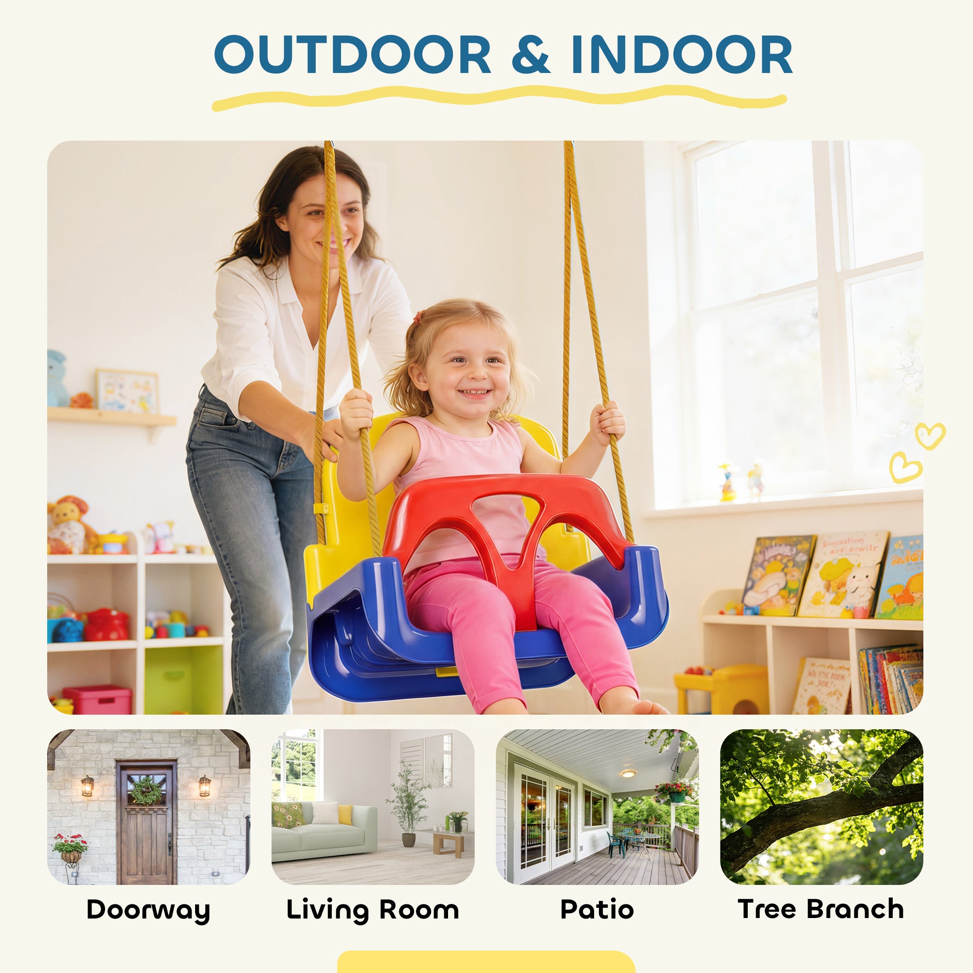3 in 1 Detachable Kids Swing Seat with Seatbelt, Adjustable Rope for Indoor, Outdoor, Dark Blue