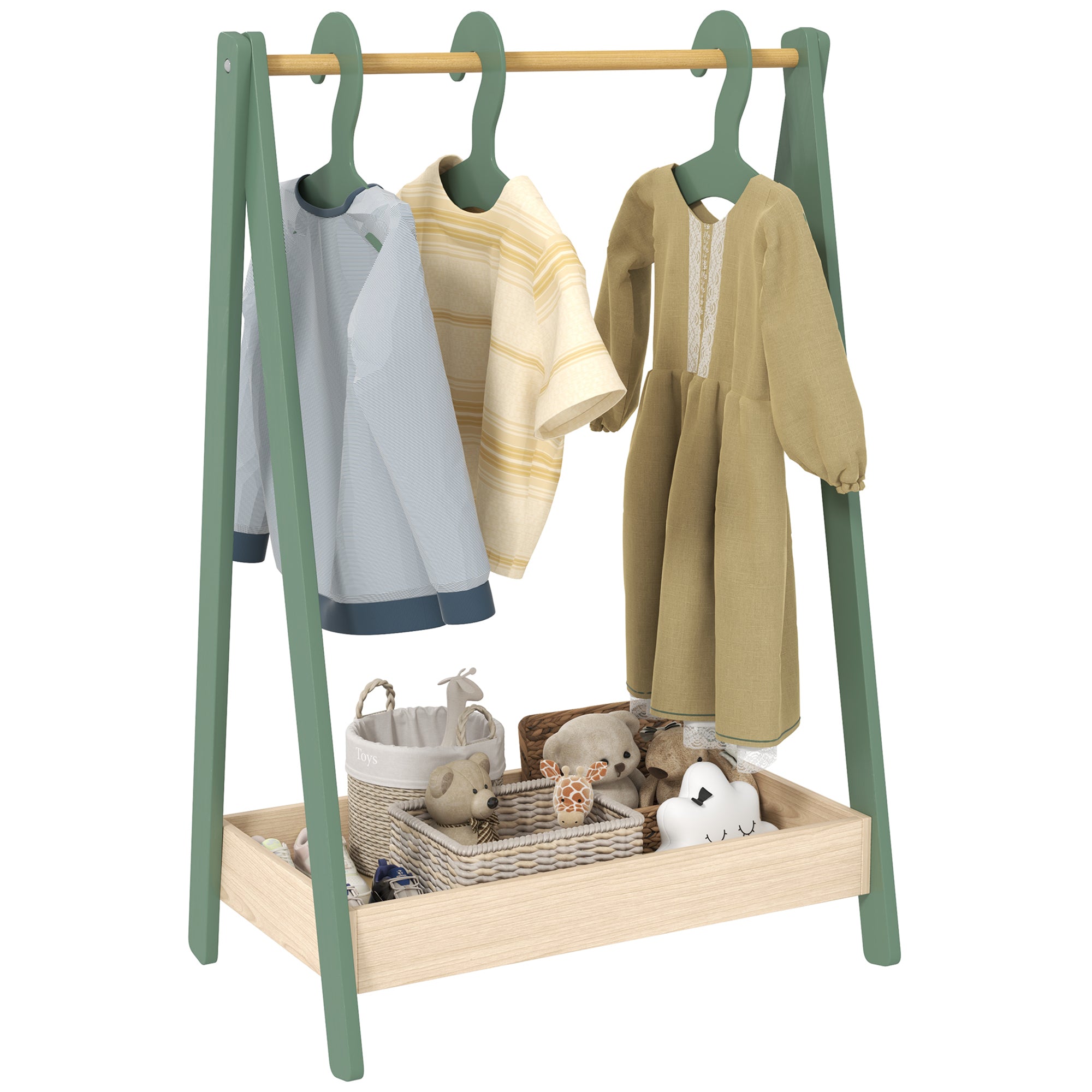 Kids Clothes Rail with 3Hangers, Bottom Storage Shelf for Girls, Boys, Nursery, Bedroom, Green