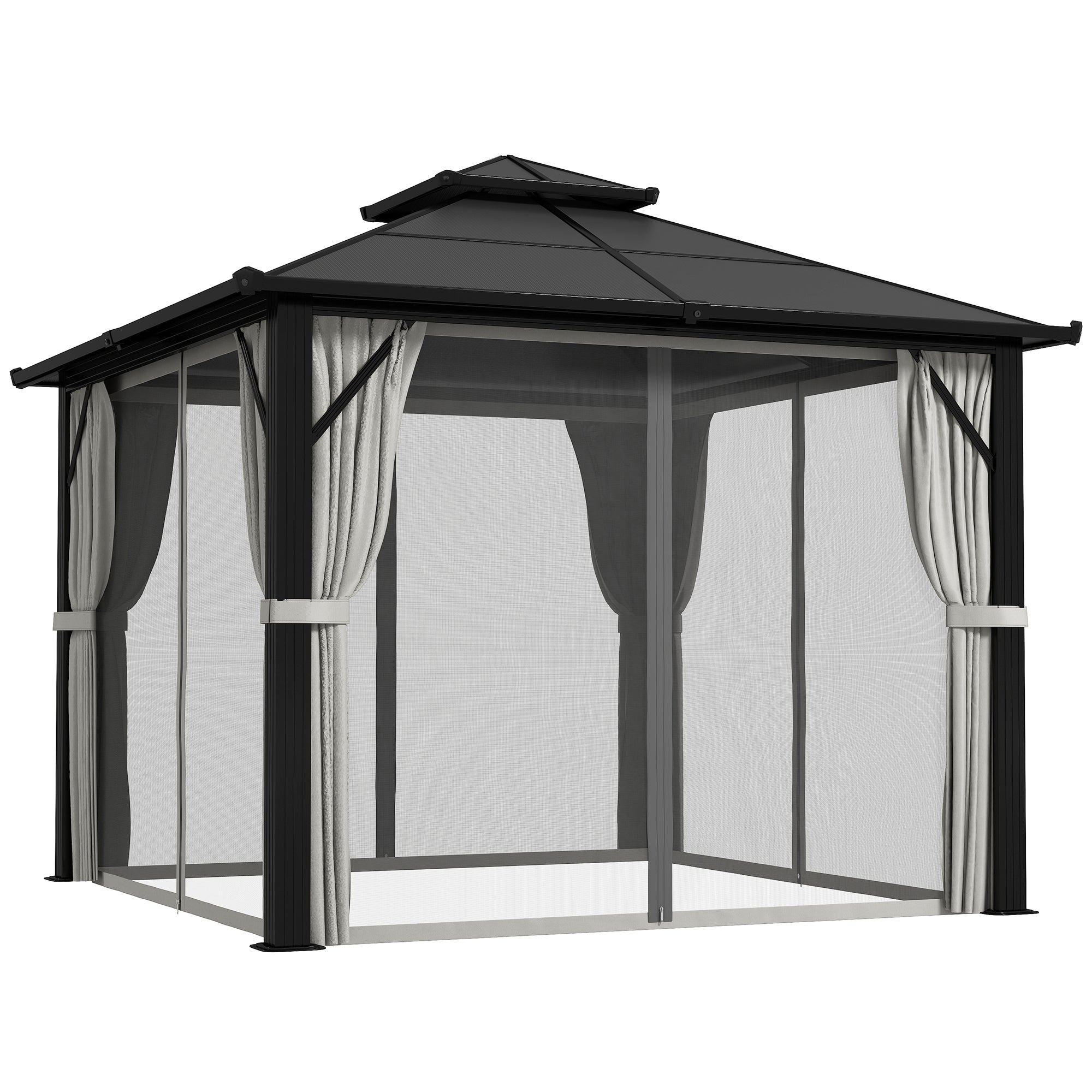 3 x 3m Hardtop Gazebo Canopy with UPF30+ Double Polycarbonate Roof, Aluminium Frame, Mosquito Netting & Curtains - Grey