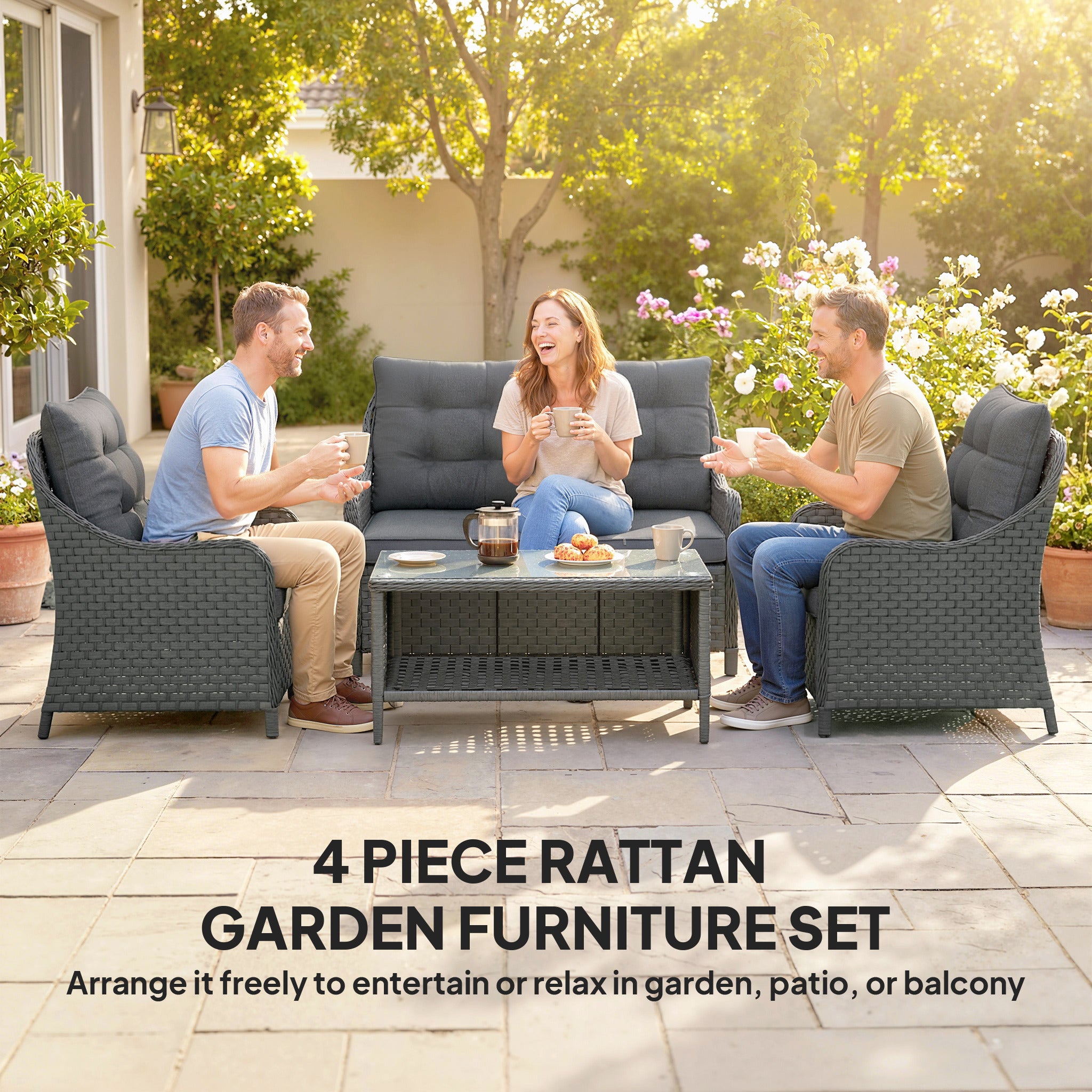 4-Piece Wicker Patio Furniture Set with 2 Armchairs, Loveseat, Glass Coffee Table, Conversation Sofa Set, Dark Grey