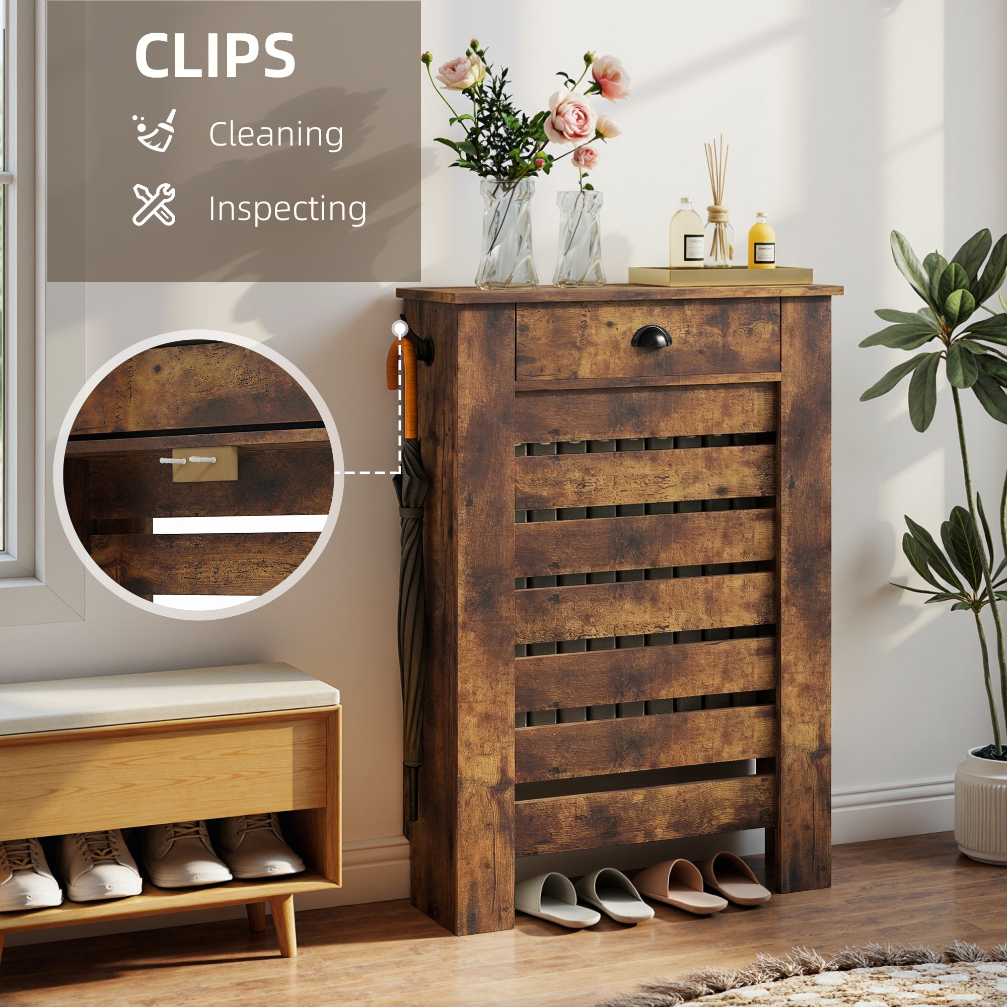 95.5H x 78Wcm Radiator Cover, with Drawer - Rustic Brown