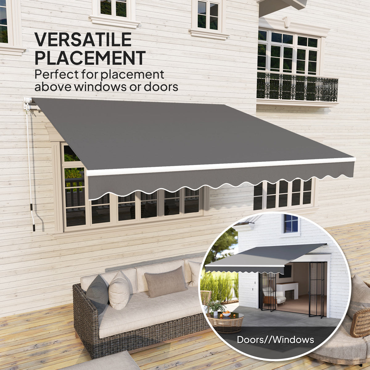 3 x 2.5m Manual Retractable Garden Patio Awning with Crank Handle and Fittings - Dark Grey