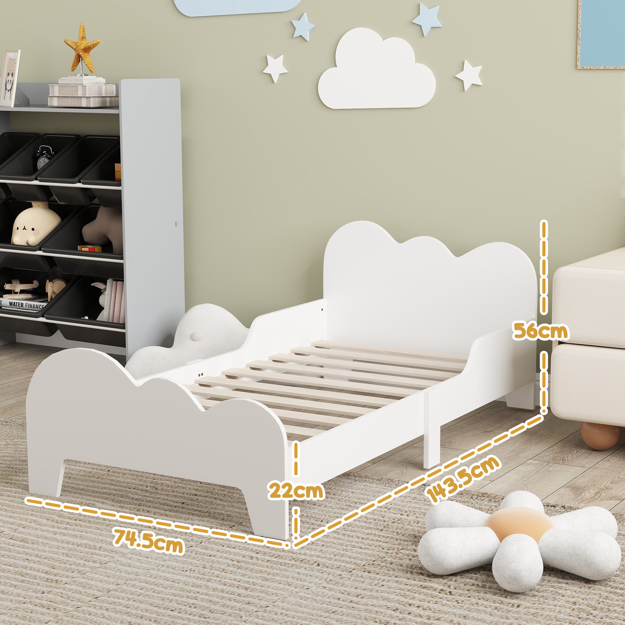 Cloud-Themed Toddler Bed Frame with Safety Rails 143.5x74.5x56cm - White