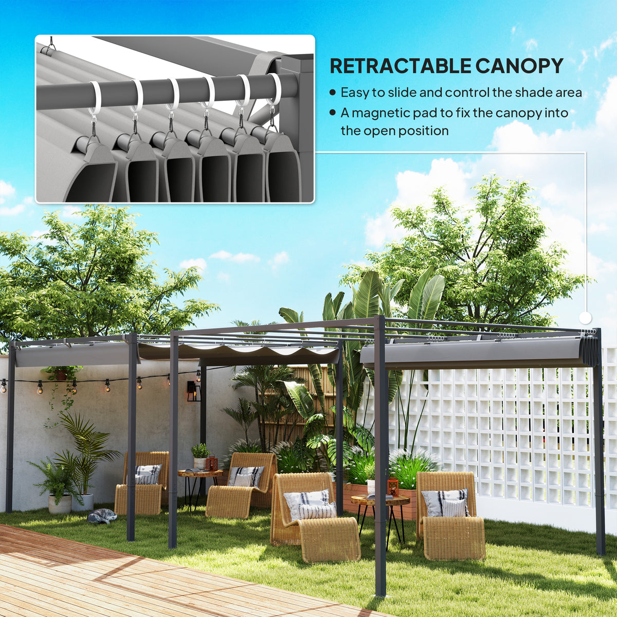 3 x 3 Metre Garden Pergola Kit with Retractable UPF30 Canopy - Grey