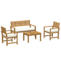 4 Seater Wooden Garden Furniture Set with Loveseat, Armchairs, Table, Acacia Wood Garden Sofa Set, Cream White
