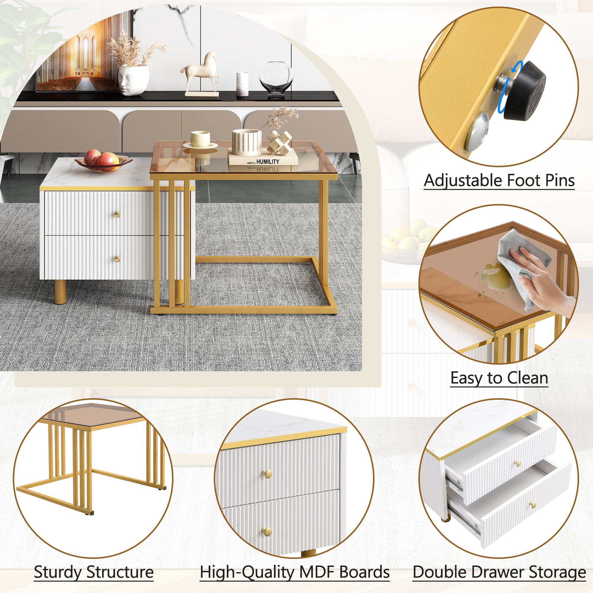 2 Piece Nesting Coffee Table Set with Marble Pattern and Modern Gold Design, Square End Table with Drawer and Metal Frame, Gold+White