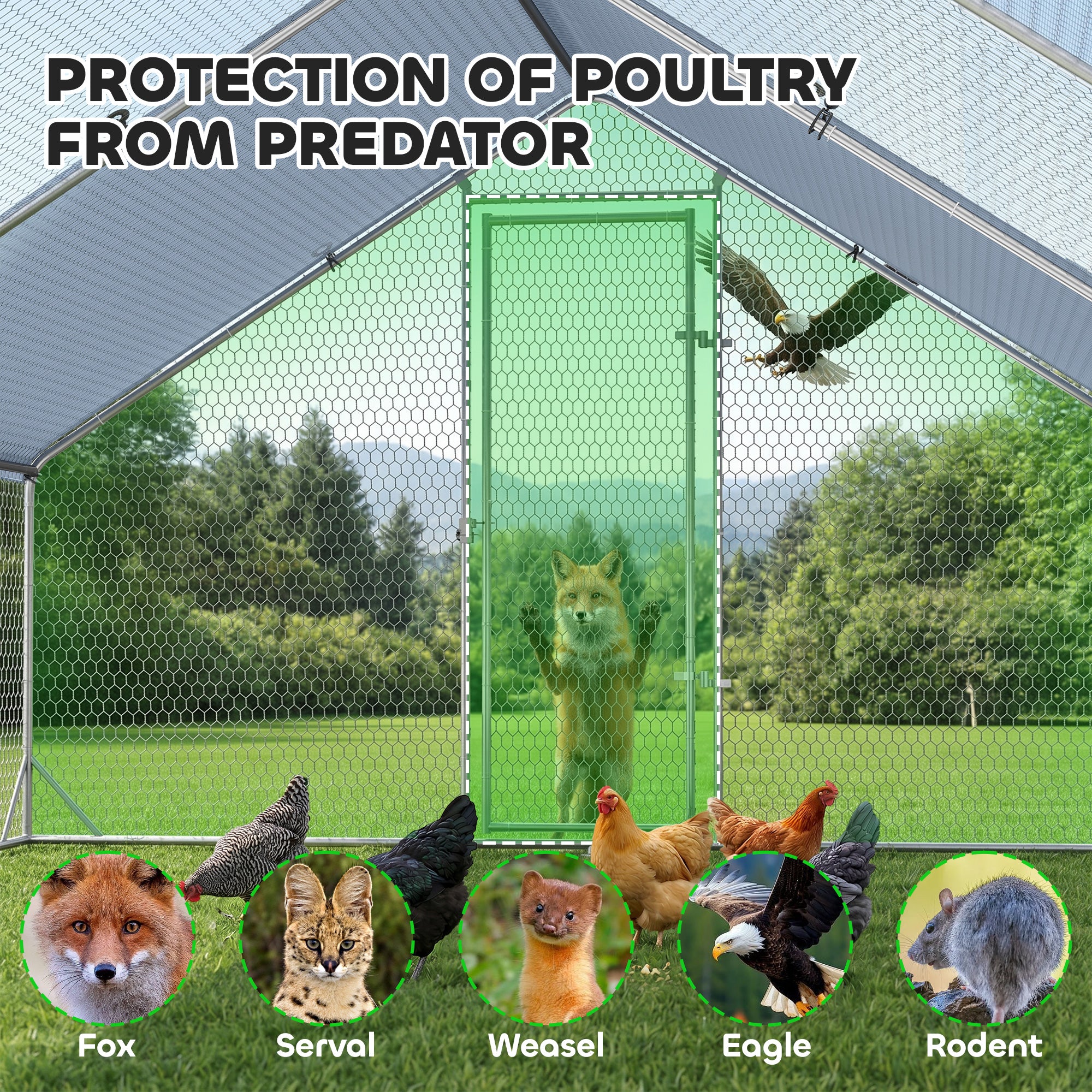 Chicken Run Galvanised Walk-in Chicken Coop Hen Poultry House Cage Rabbit Hutch with Water-Resist Cover, 3 x 8 x 2m