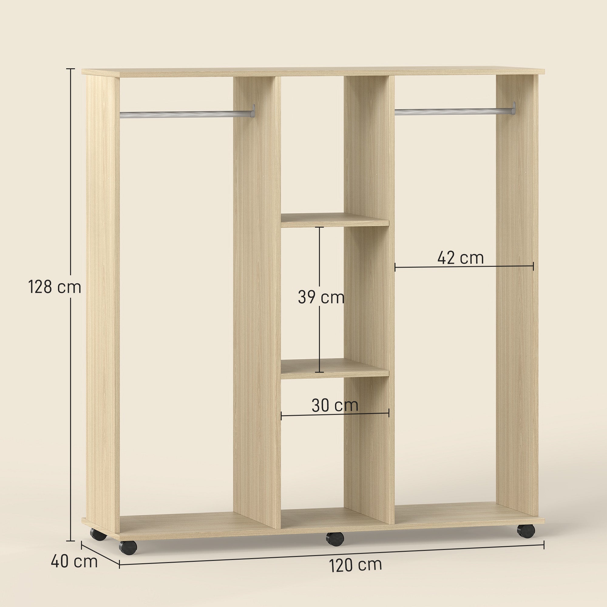 Open Wardrobe Double Mobile Storage Shelves Organizer W/6 Wheels-Natural