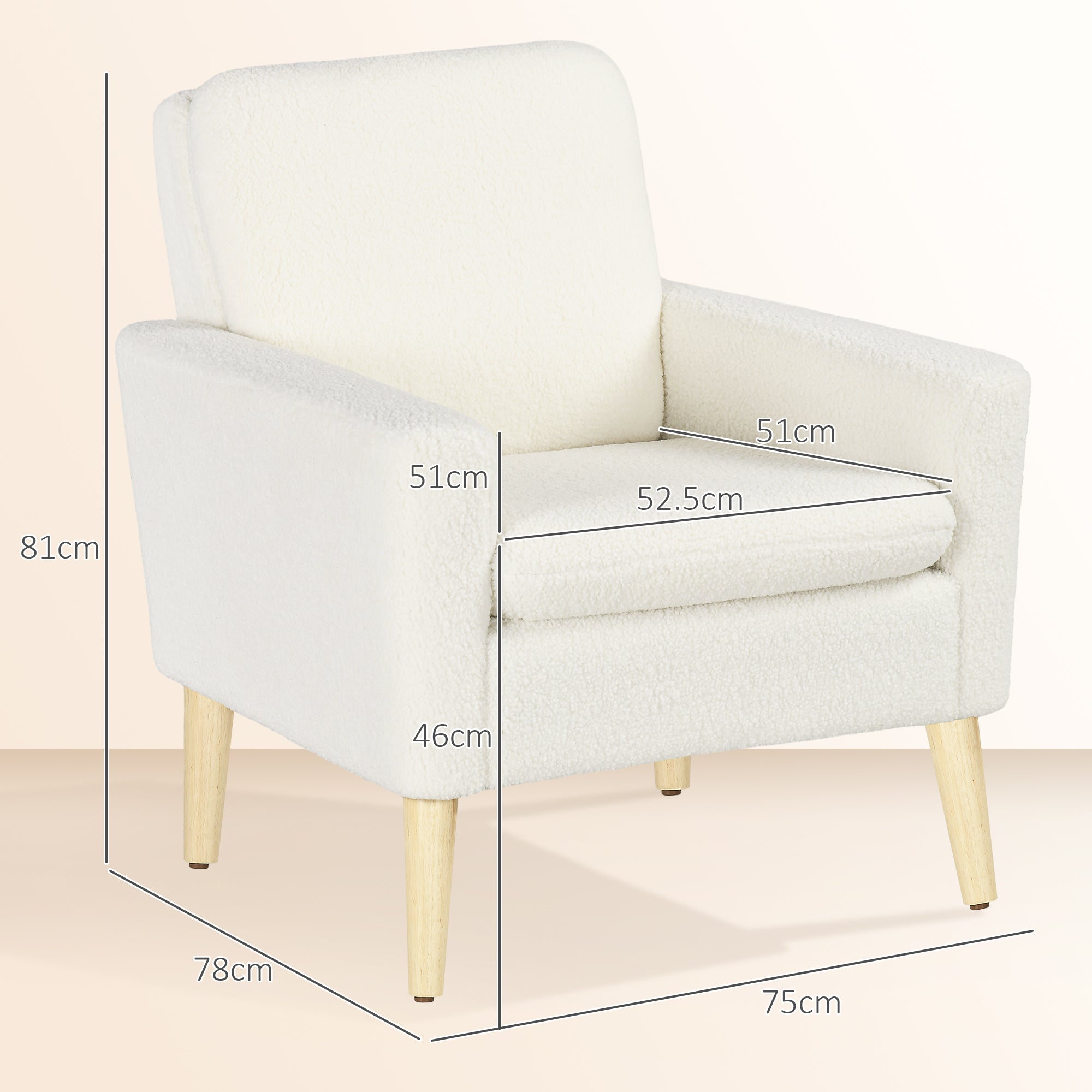 Armchair, Upholstered Accent Chair with Wood Legs and Wide Padded Seat, Teddy Occasional Chair, Cream White