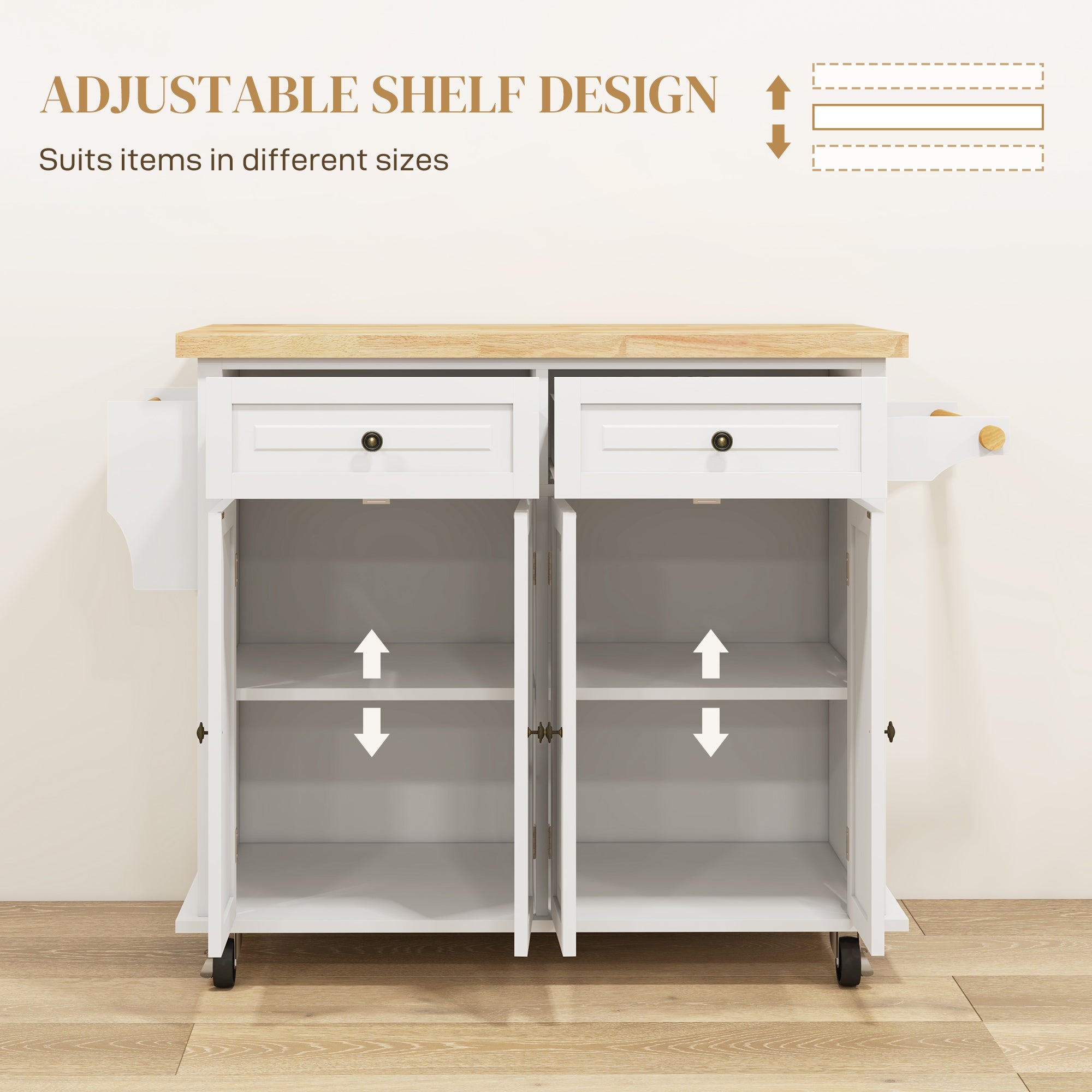 Rolling Kitchen Island Storage Trolley with Rubber Wood Top & Drawers for Dining Room, Cream White
