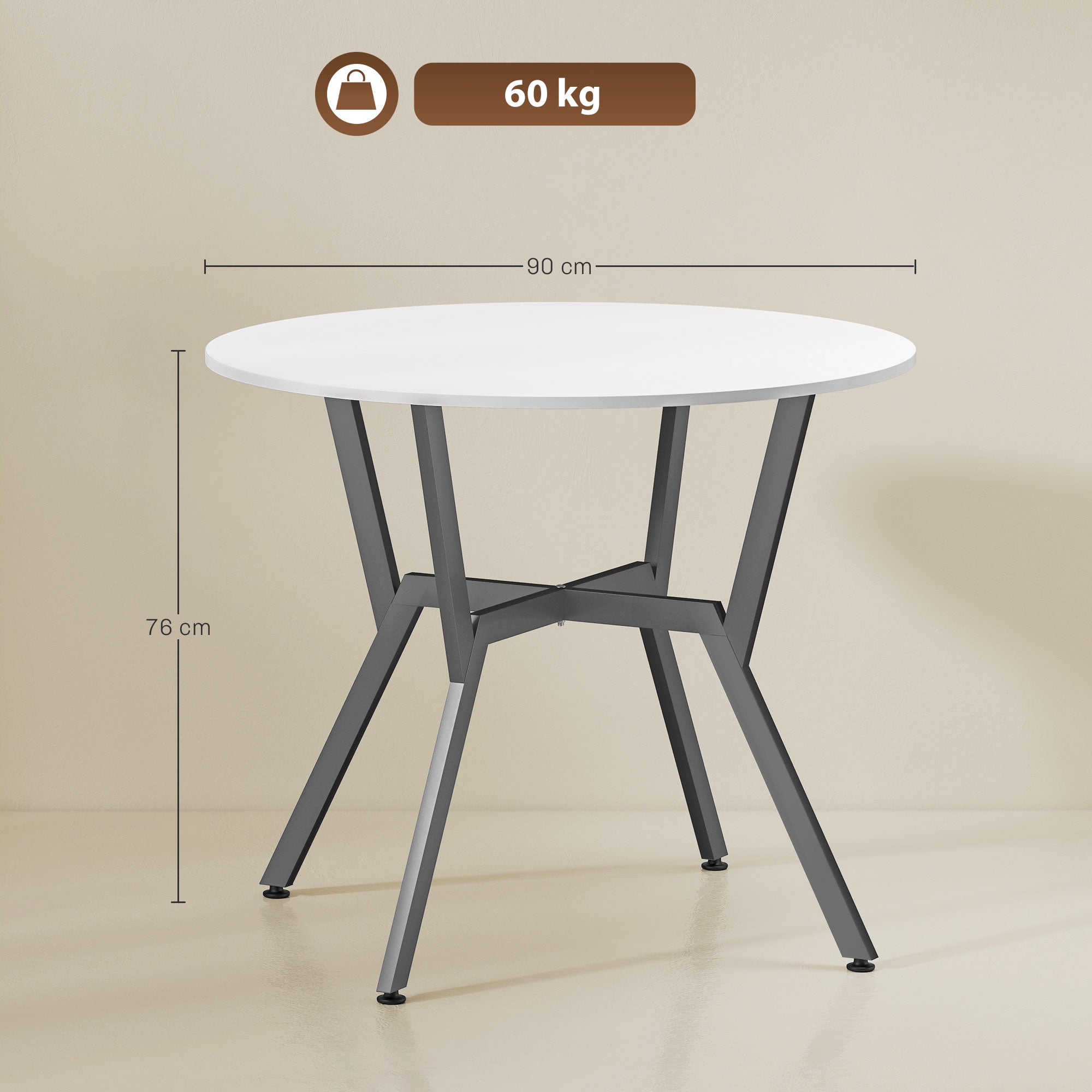 Dining Table, Round Kitchen Table with Black Legs for Living Room, Dining Room 90 x 76 cm, High Gloss White