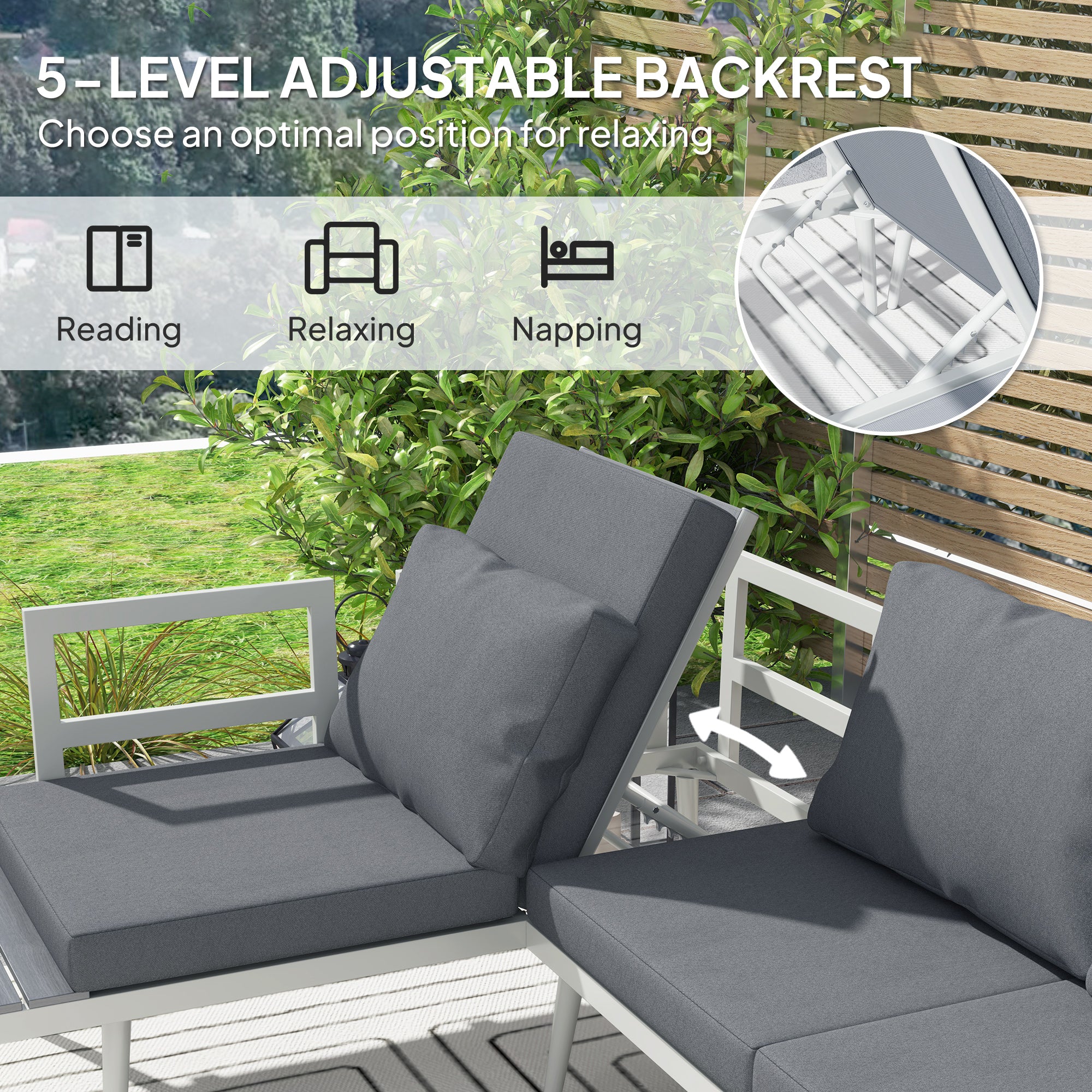 3 Piece Garden Furniture Set with 5-Level Adjustable Lounger, L Shaped Garden Corner Sofa with Cushions, Mesh Seat, Slatted Wood-Grain Table, Outdoor Furniture Set for Conservatory, Grey
