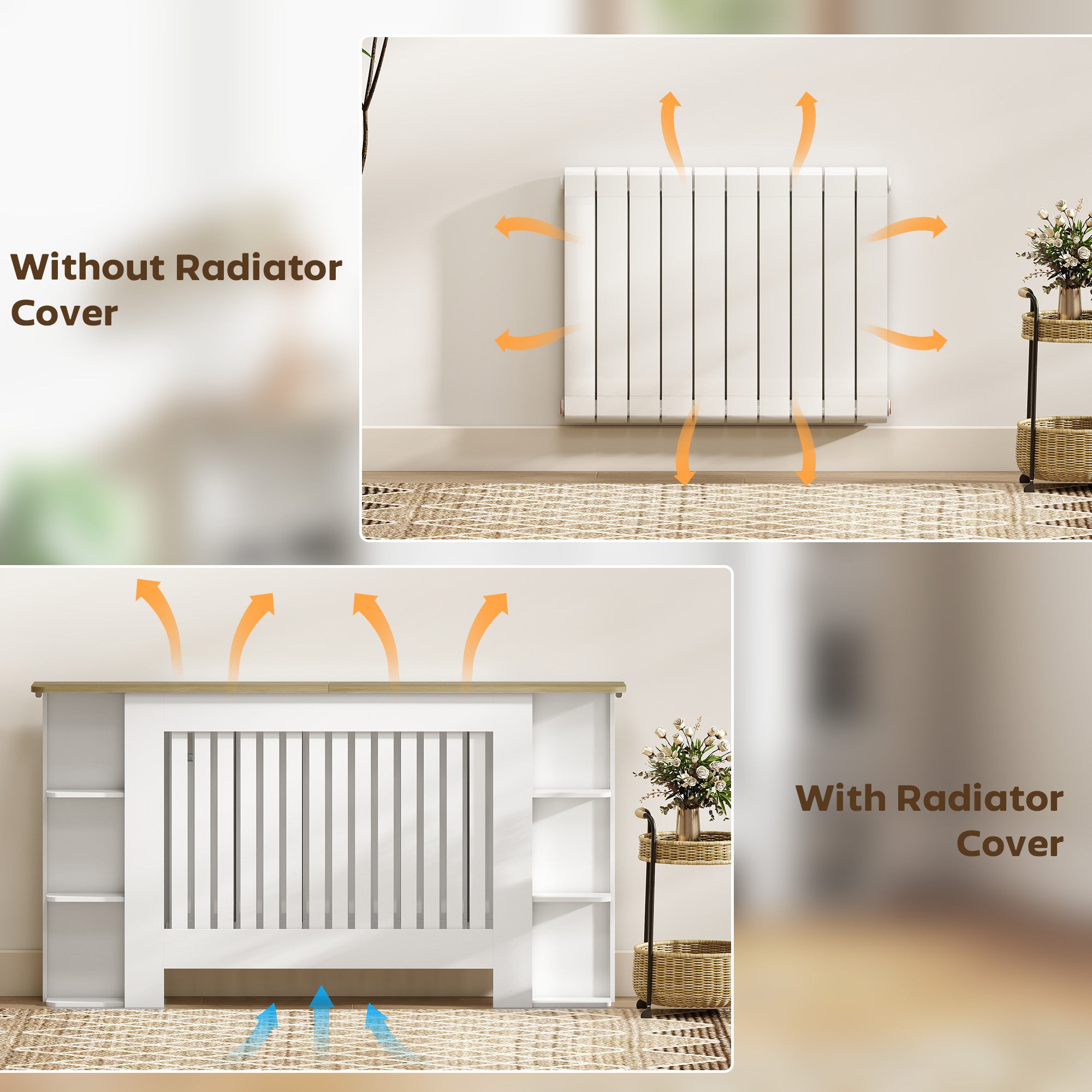 Radiator Cover with Open Storage Shelves, Vertical Slatted Cabinet Shelf Heater Cover for Living Room, Hallway, Large, White