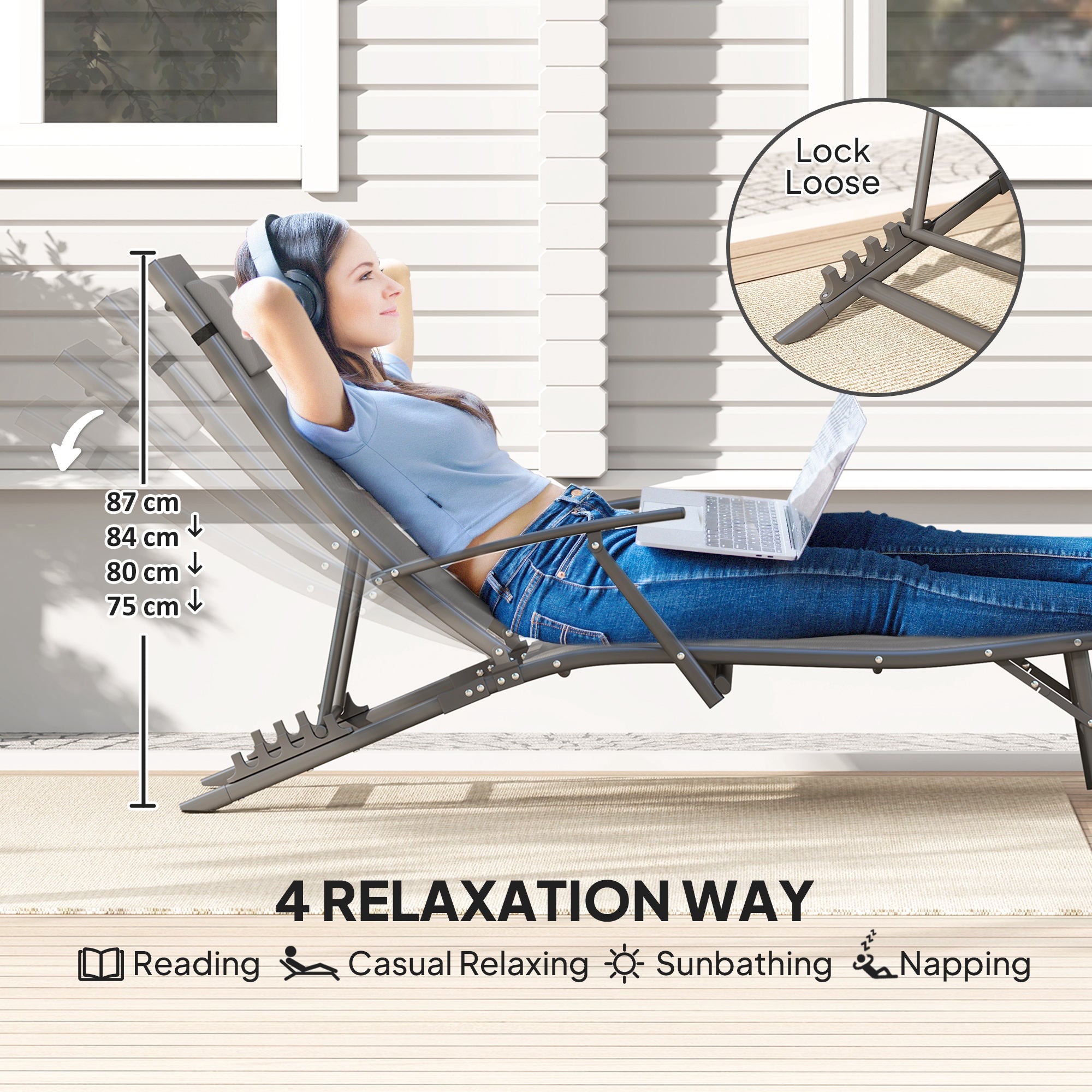 Set of 2 Adjustable Back Sun Loungers with Quick-Dry Mesh - Grey