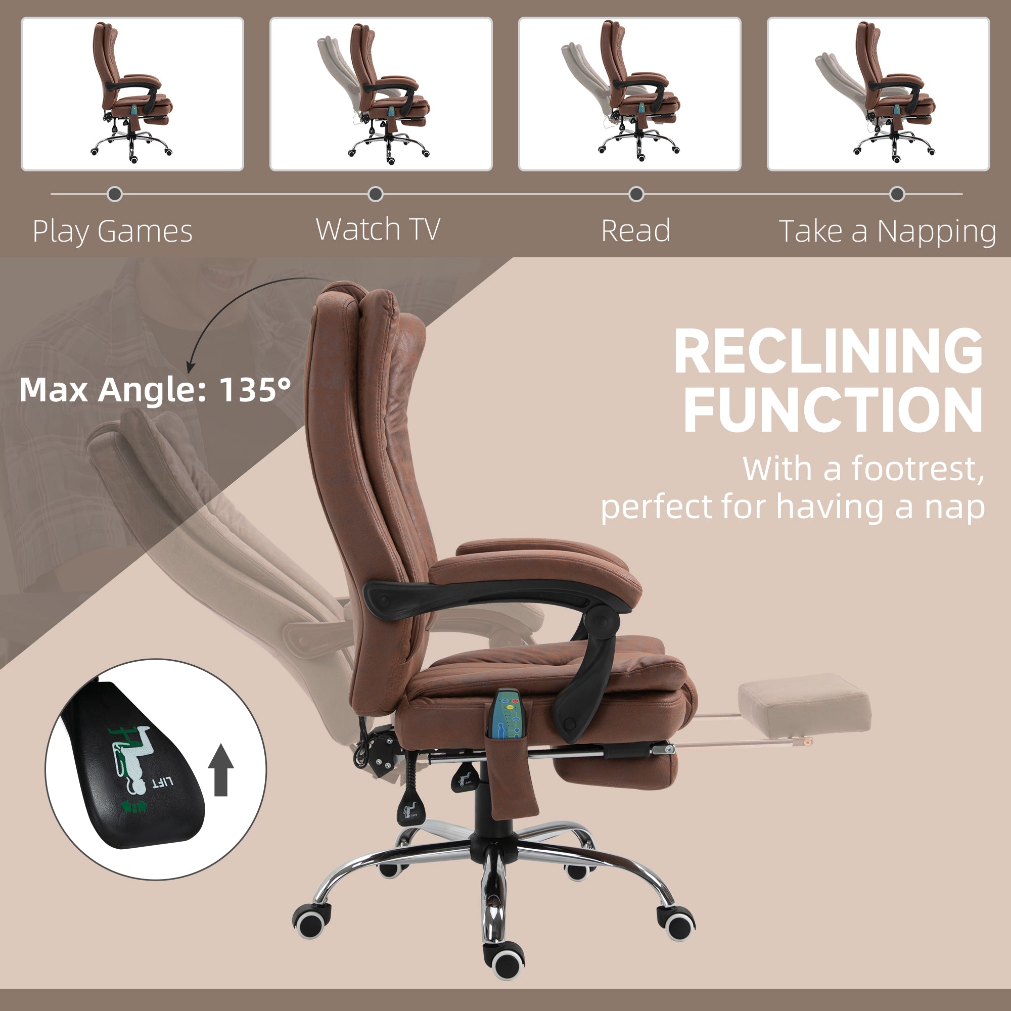 Office Chair with Massage and Heat, Microfibre Reclining Computer Desk Chair with Footrest and Adjustable Height, Swivel Wheels for Home Office, Brown