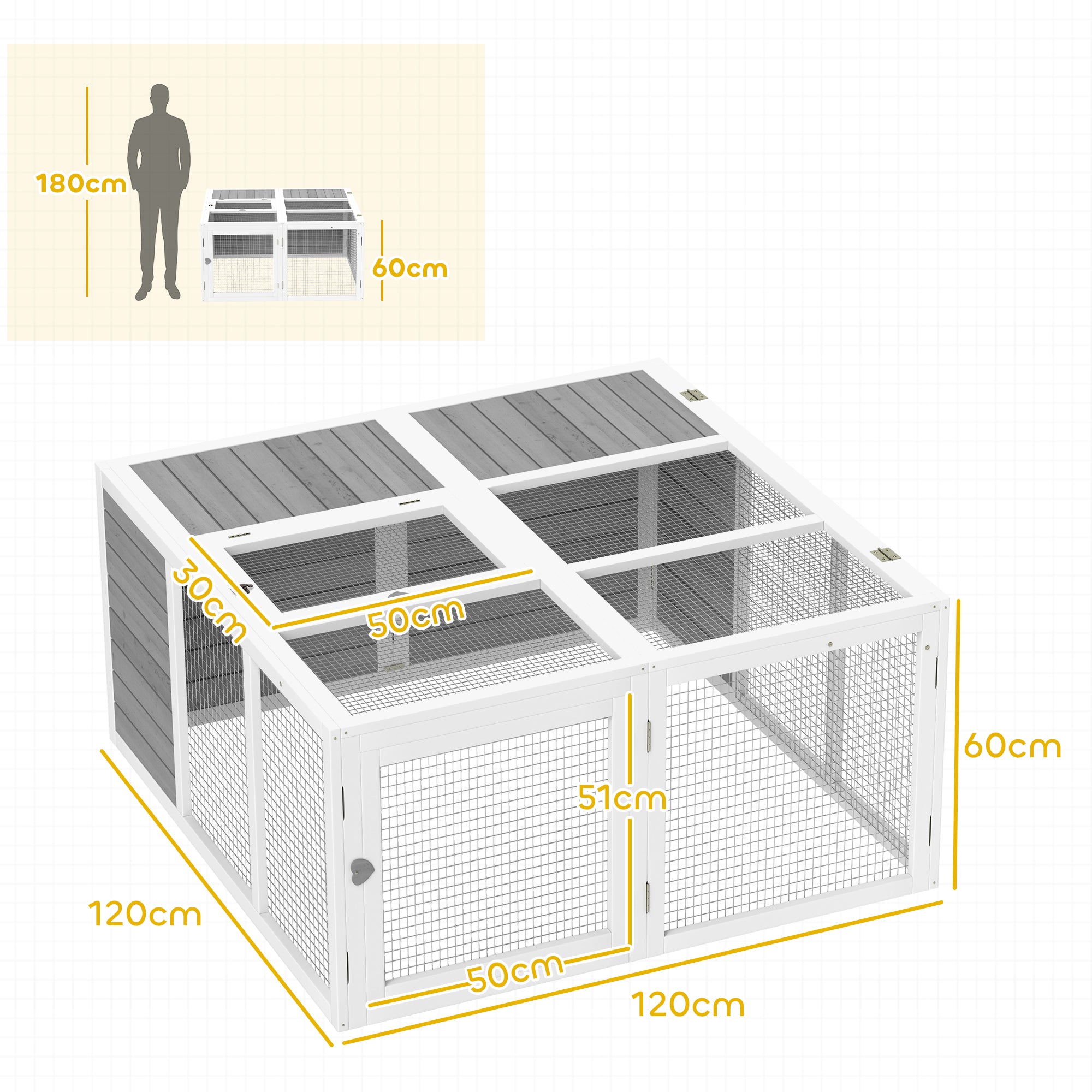 Rabbit Hutch with Openable Foldable Roof, Light Grey