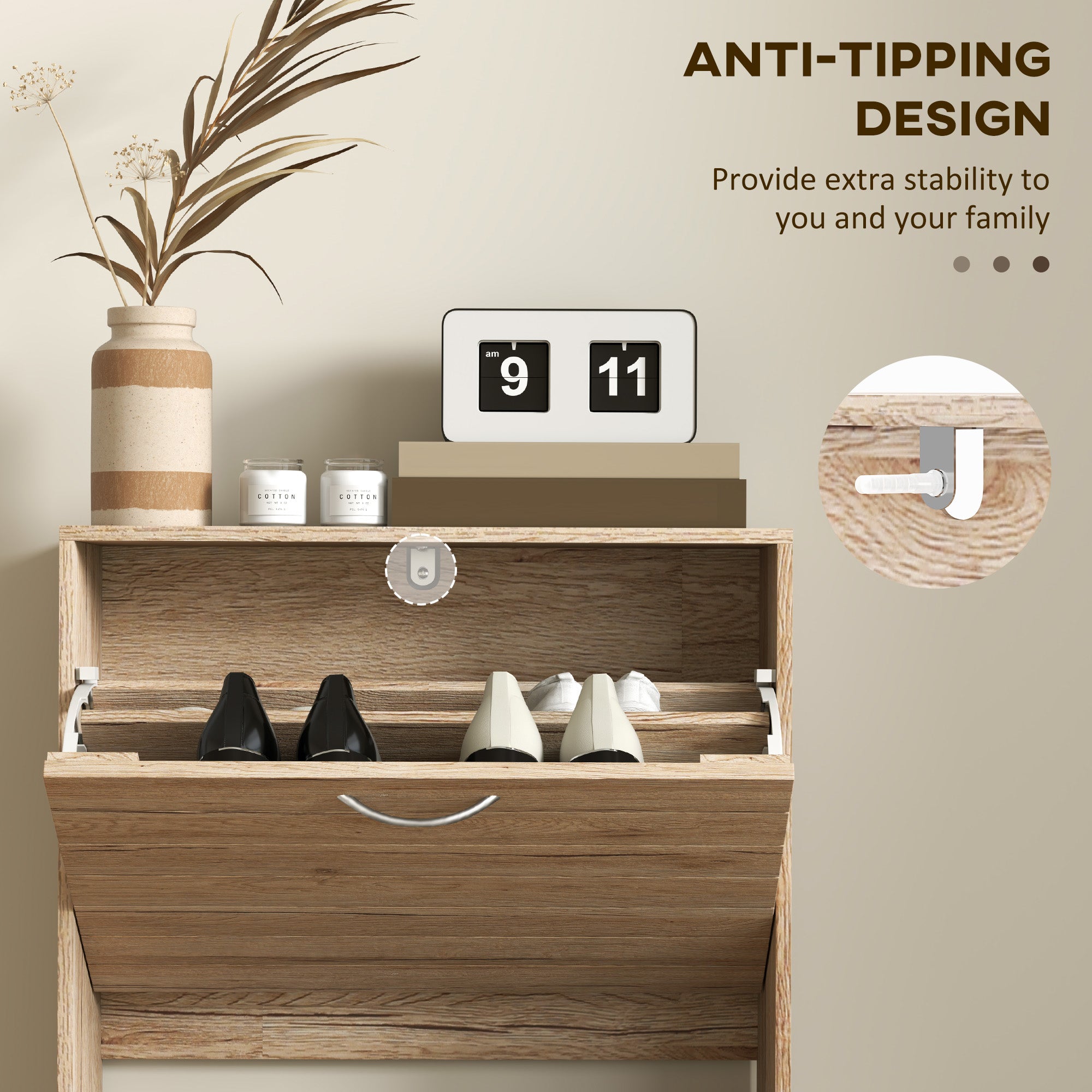 12-Shoe Flip Drawer Storage Cabinet with Adjustable Shelves - Brown Wood-Effect