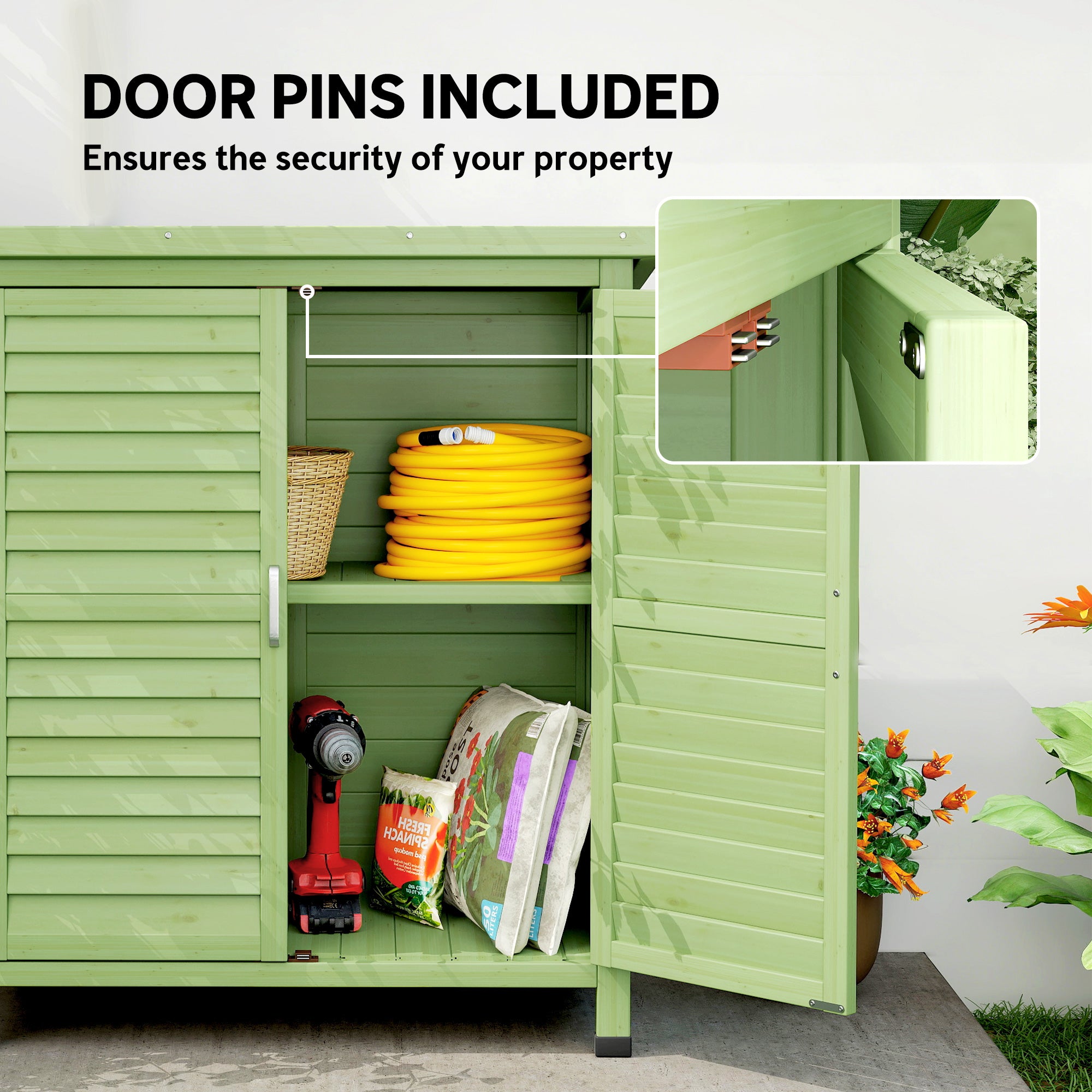 Garden Shed Wooden Garden Storage Shed 2 Door Unit Solid Fir Wood Garage Tool Organisation Cabinet, 87L x 46.5W x 96.5Hcm, Green