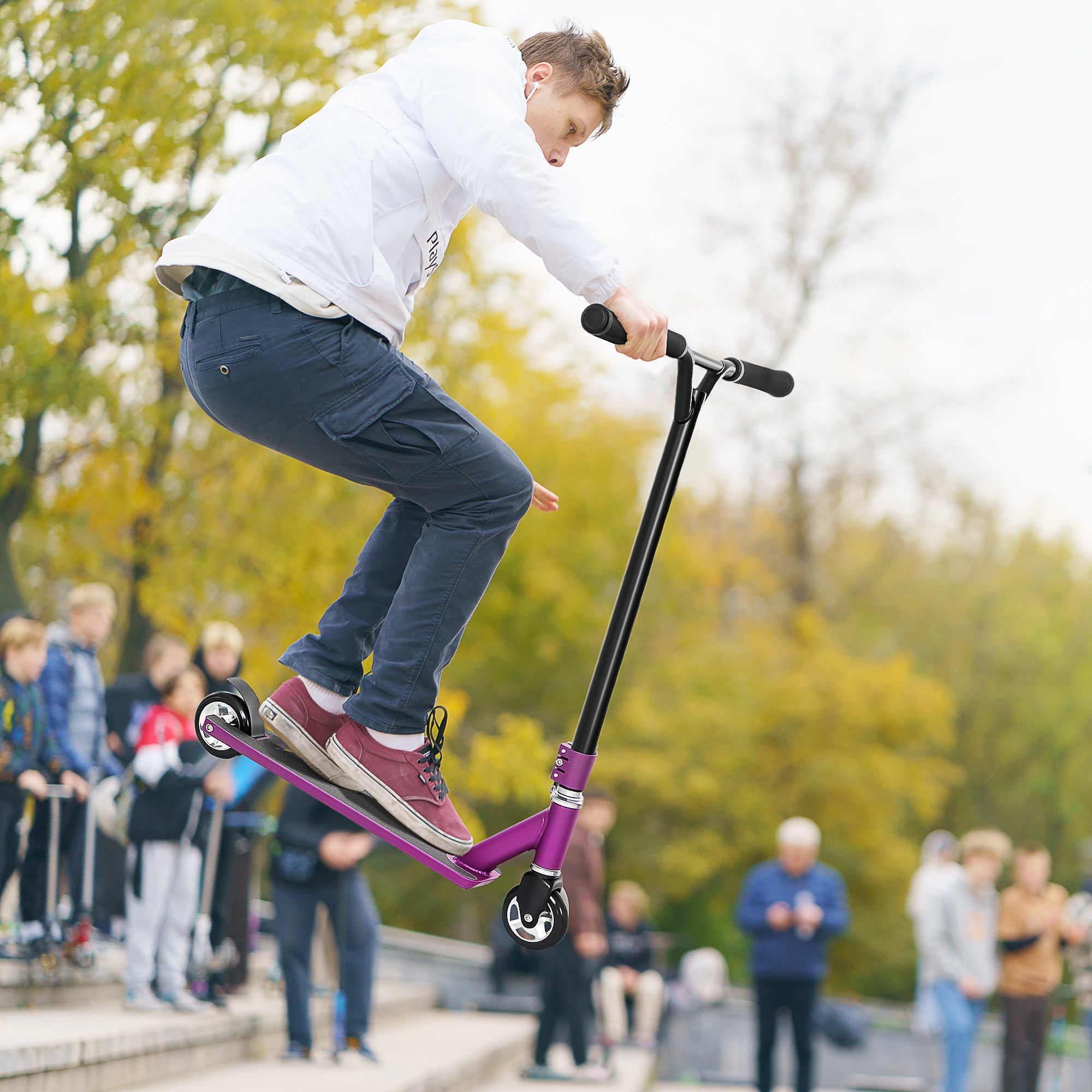 Stunt Scooter, 360° Entry Level Tricks Scooter w/ Lightweight Aluminium Deck and ABEC 7 Bearing, For Age 14+ Beginners, Purple