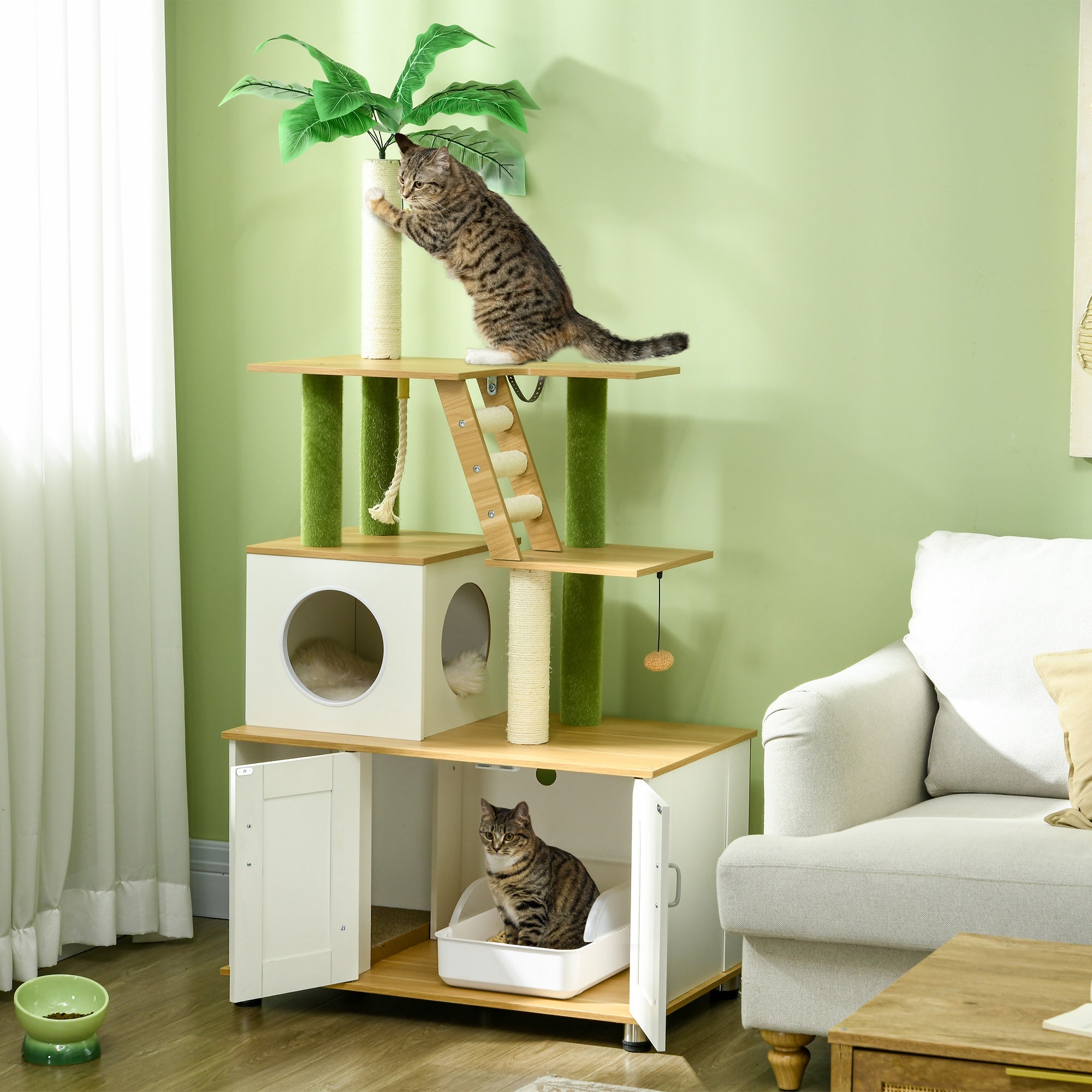 2-in-1 Hidden Cat Litter Box, Green Leaf Cat Tree, with House, Ladder, Scratching Posts, Platforms, Indoors -Oak