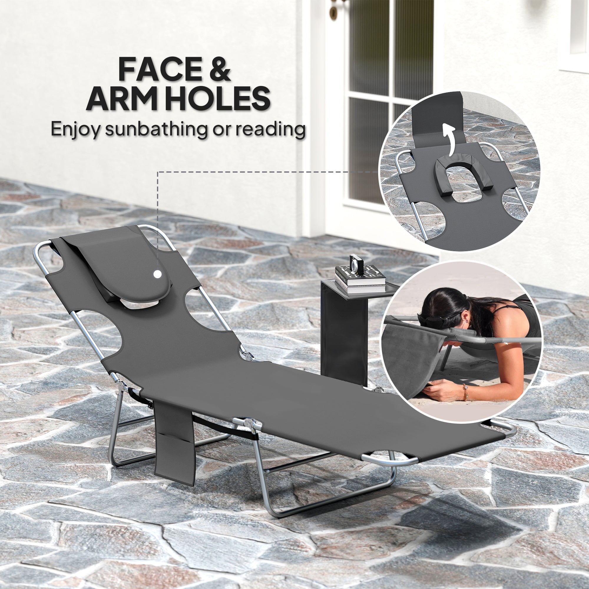 Foldable Sun Lounger Set of 2, Beach Chaise Lounge with Reading Hole, Arm Slots, 5-Position Adjustable Backrest, Side Pocket, Pillow for Garden, Beach, Pool, Dark Grey