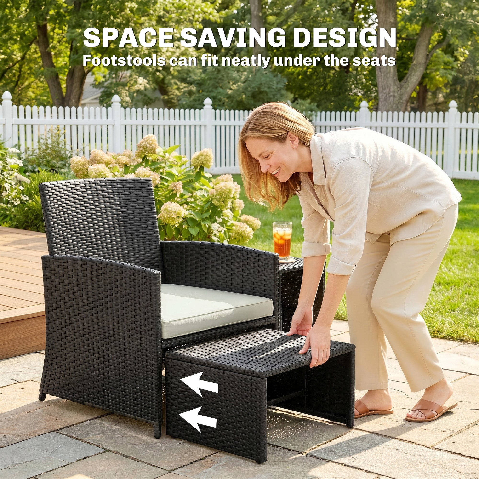 6 Piece Rattan Garden Furniture, Space-Saving Patio Furniture Set with Nesting Tables, Chairs, Stools, Cushions, Black