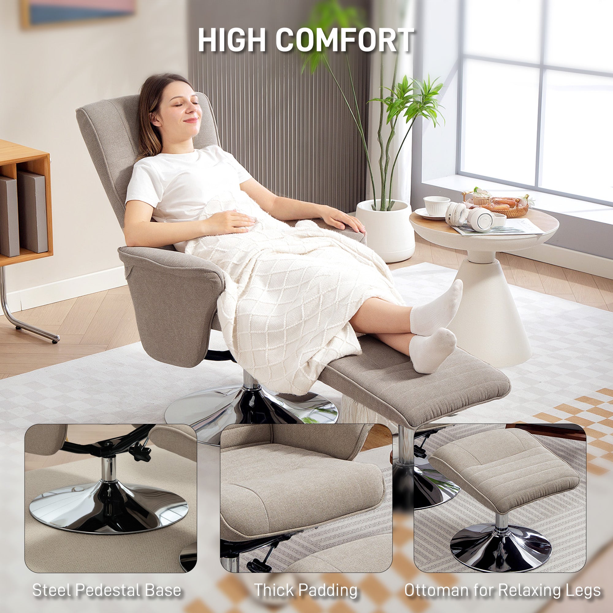 Swivel Recliner Chair with Footstool, Velvet Recliner Armchair with Ottoman, Steel Base, Upholstered Reclining Chair for Living Room, Bedroom, Office, Beige