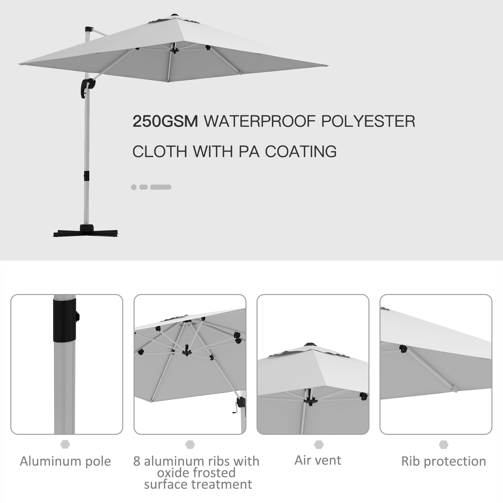 Square Cantilever Garden Parasol, with Five-Position Canopy - White