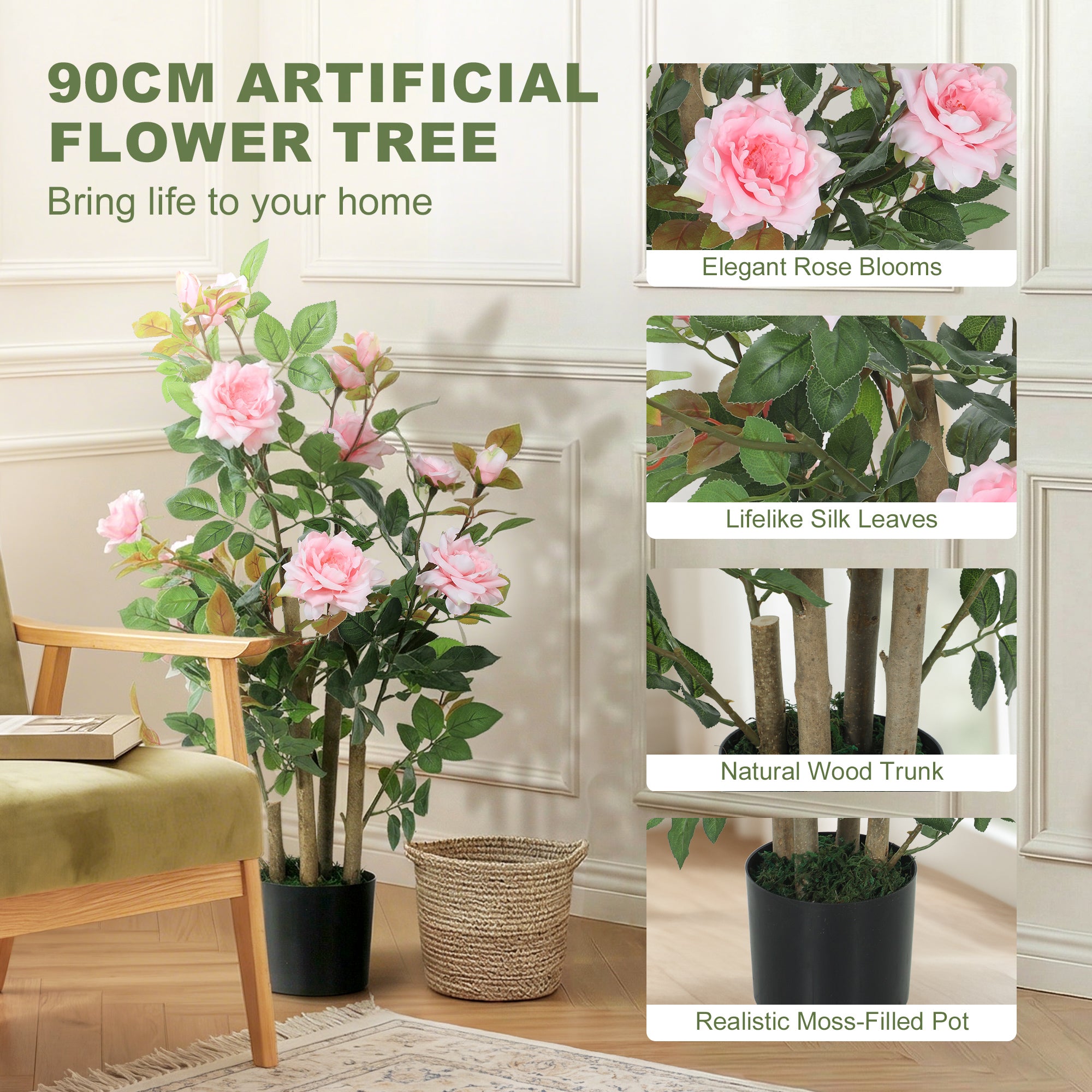 90cm Artificial Rose Tree, Decorative Fake Plant with 344 Silk Leaves 17 Flowers for Outdoor Indoor Decor, Pink