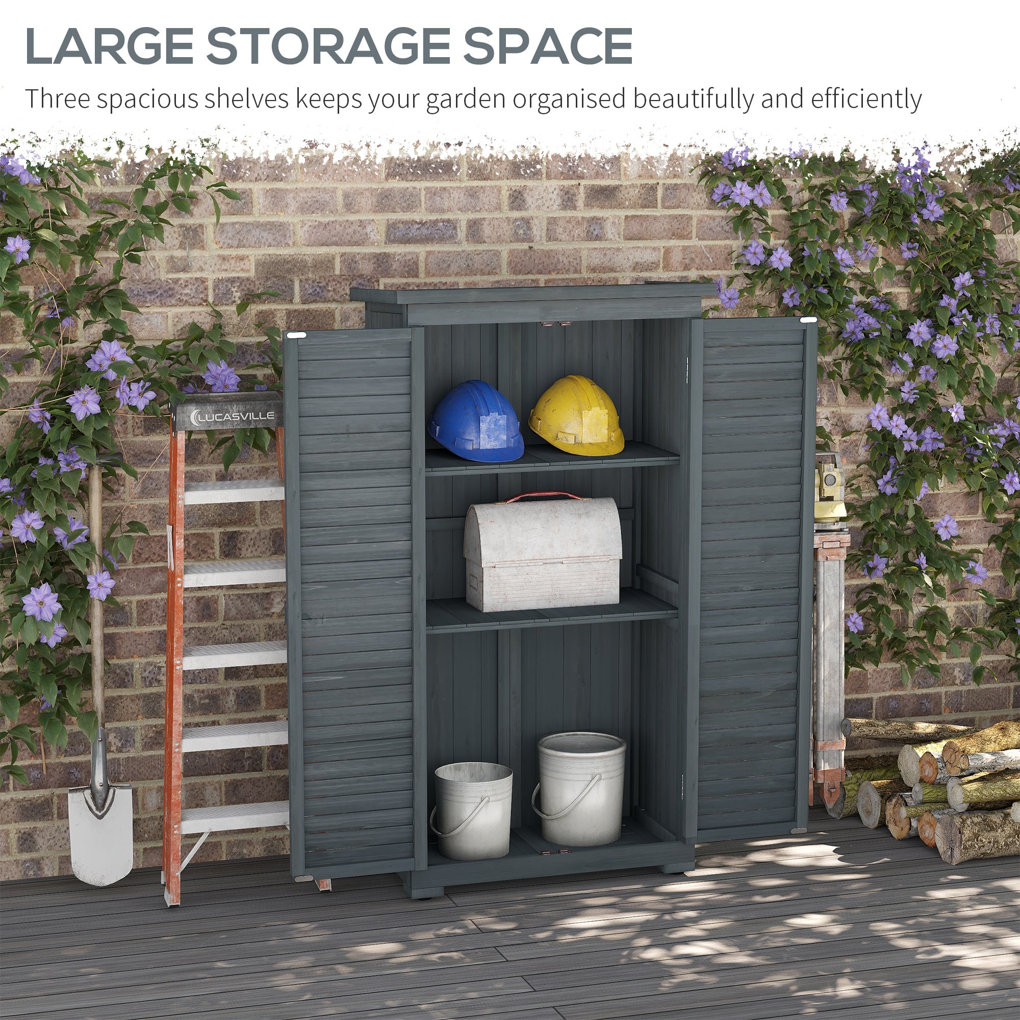 Fir Wood Garden Storage Shed 39.5 x 79cm with Shelves - Grey