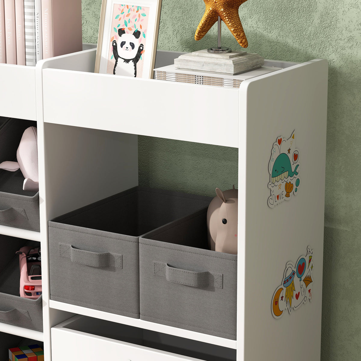 Kids Toy Storage Unit with 11 Fabric Bins and Shelves - White