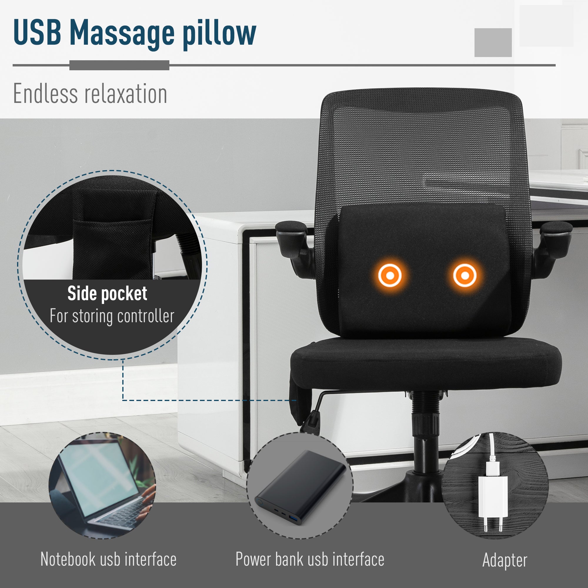 Office Chair 2-Point Massage Executive Ergonomic USB Power Mesh Design 360° Swivel with Lumbar Support, Black