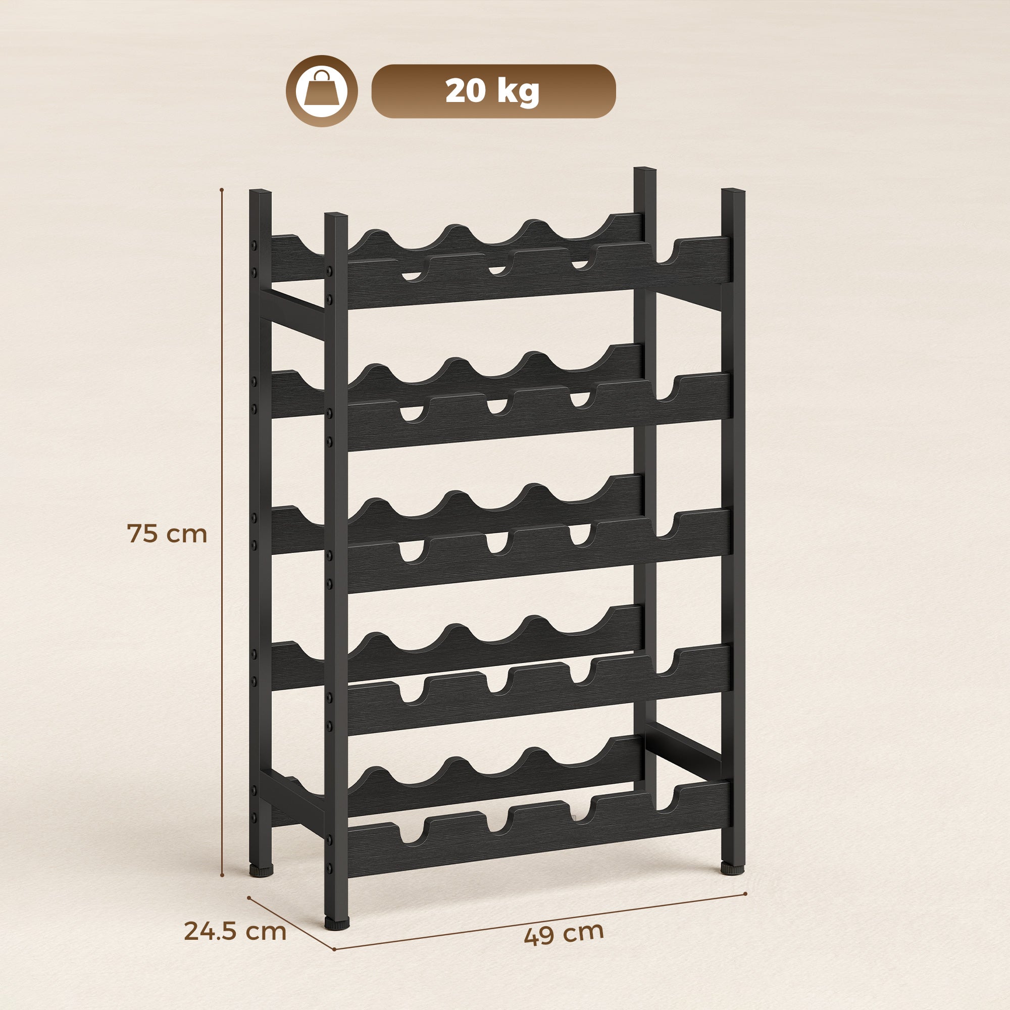 Wine Rack Freestanding Industrial Liquor Cabinet 5-Tier 20 Bottles Bar Stand with Adjustable Feet, Black