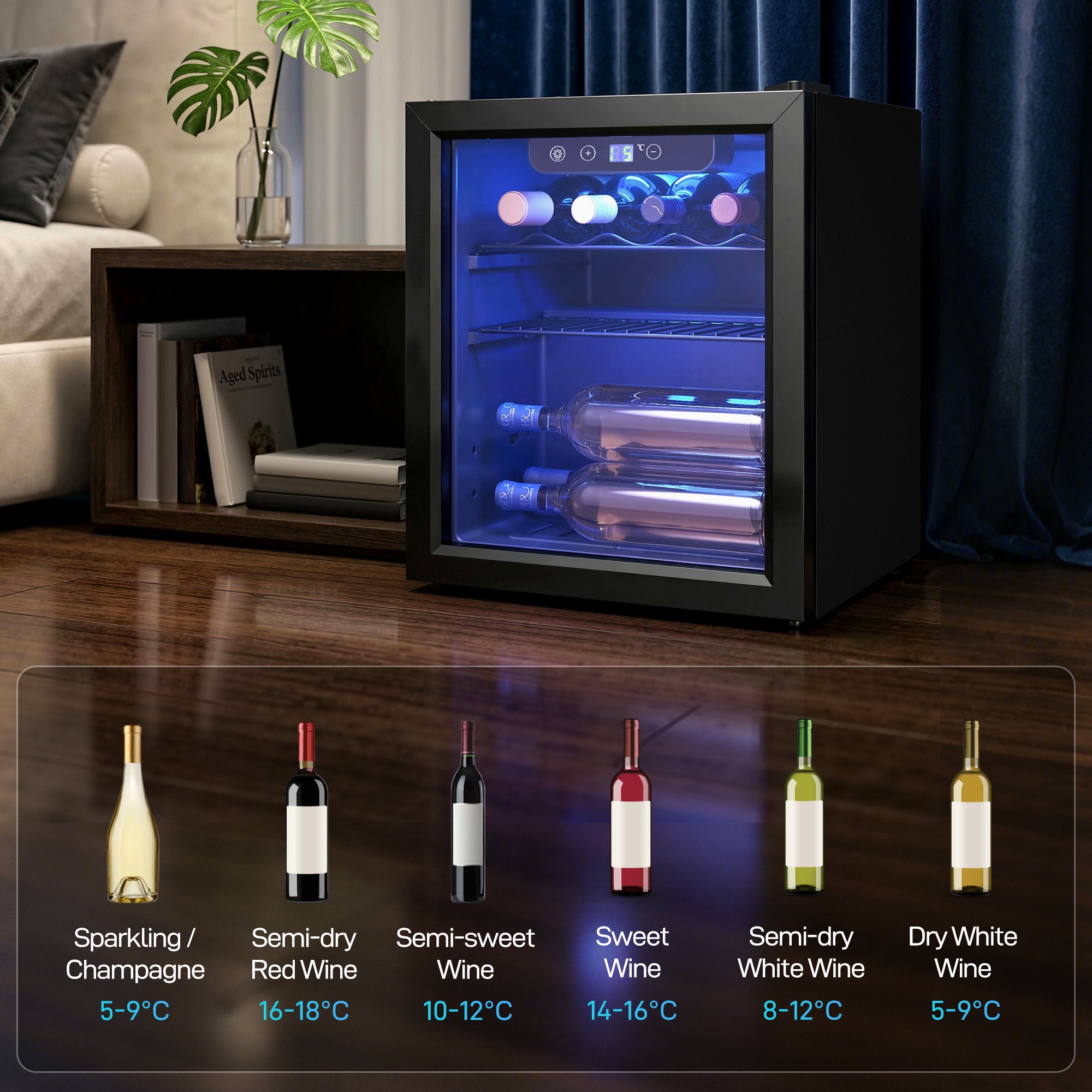 12 Bottle Wine Cooler, 36 Litre Capacity, 4-16°C Under Counter Drinks Beer Wine Fridge with Glass Door, LED Light, Black