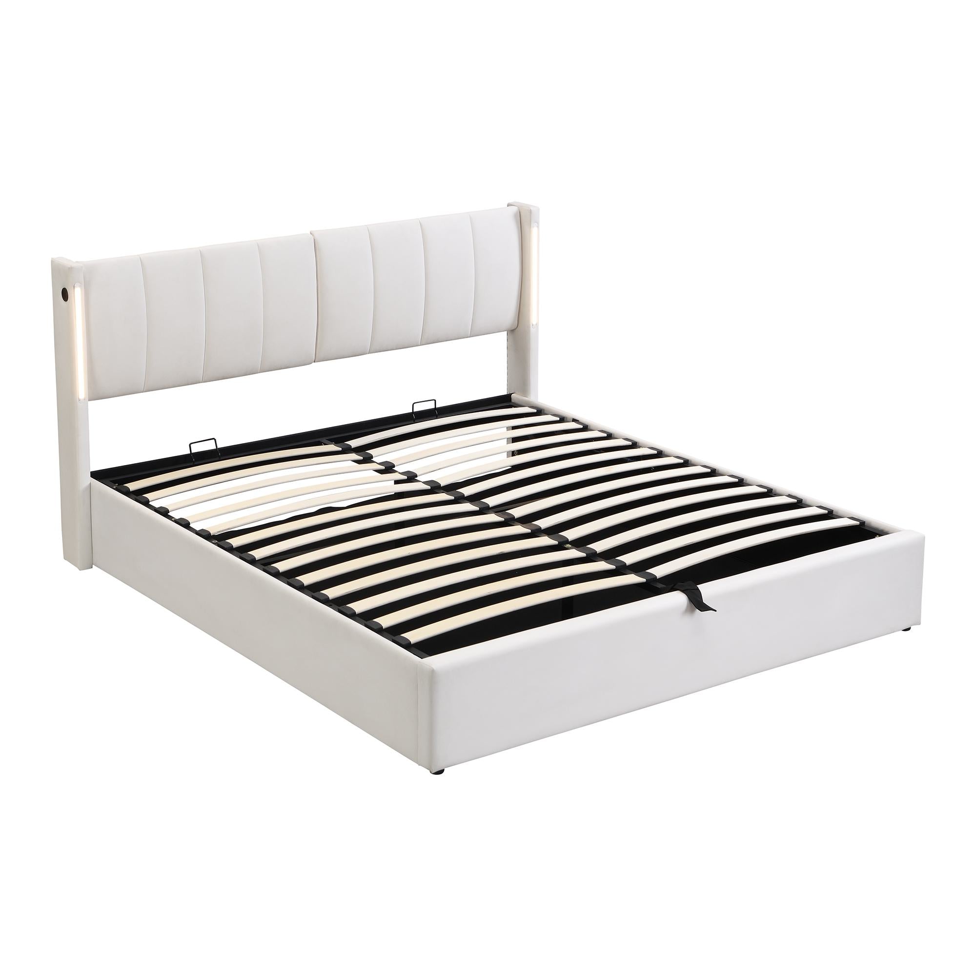 LED Upholstered Double Bed with Hydraulic Storage & USB Port - White