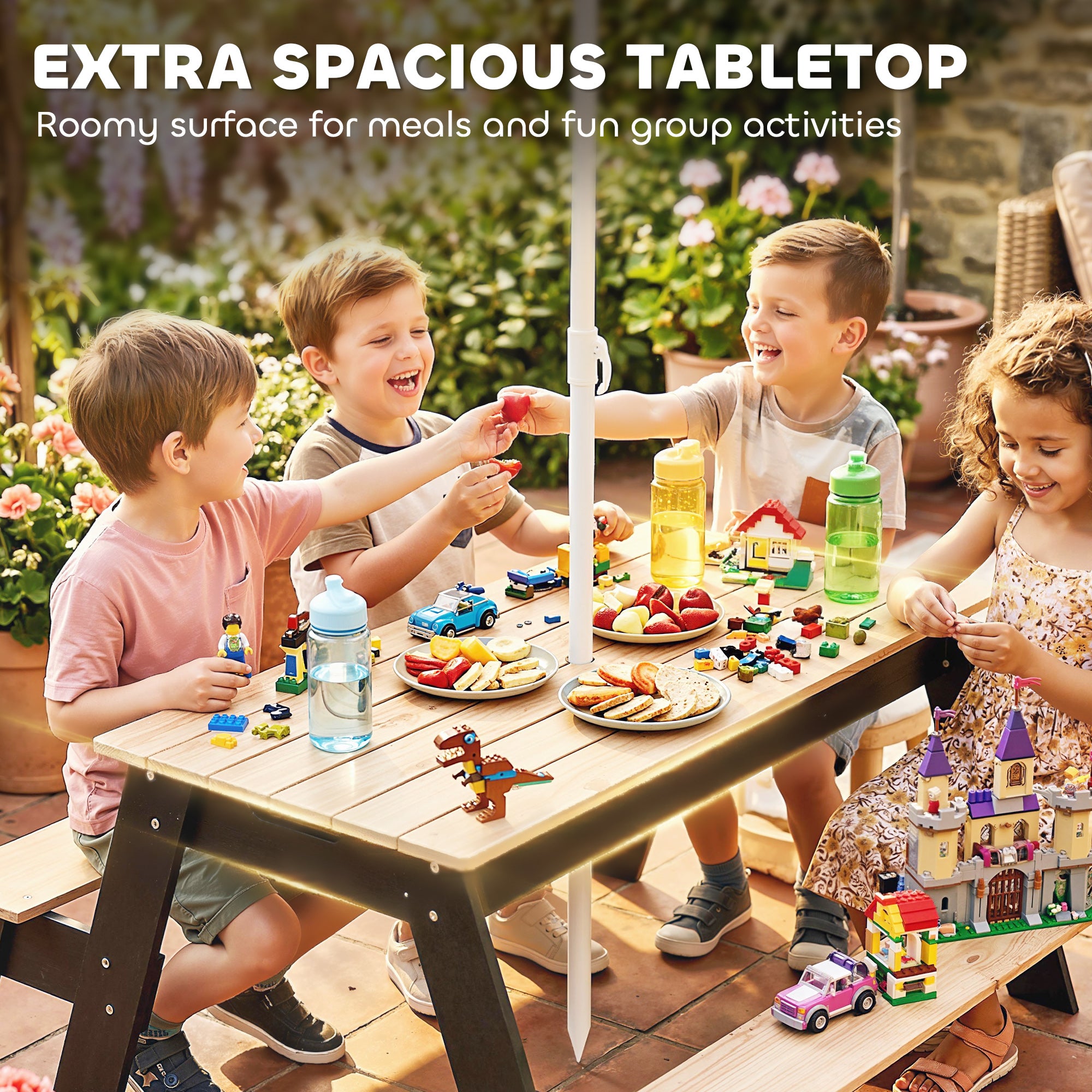 Kids Garden Furniture with Parasol, 3 in 1 Wooden Sand and Water Table with 2 Hidden Play Boxes for Patio, Ages 3-6