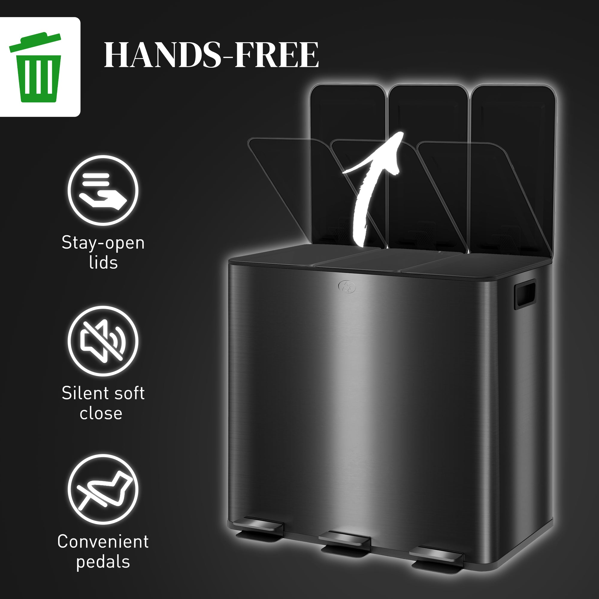 3 x 15L Pedal Bin, Steel Triple Kitchen Bin with Soft Close Lid, Removable Inner Buckets, Fingerprint-Proof, Black
