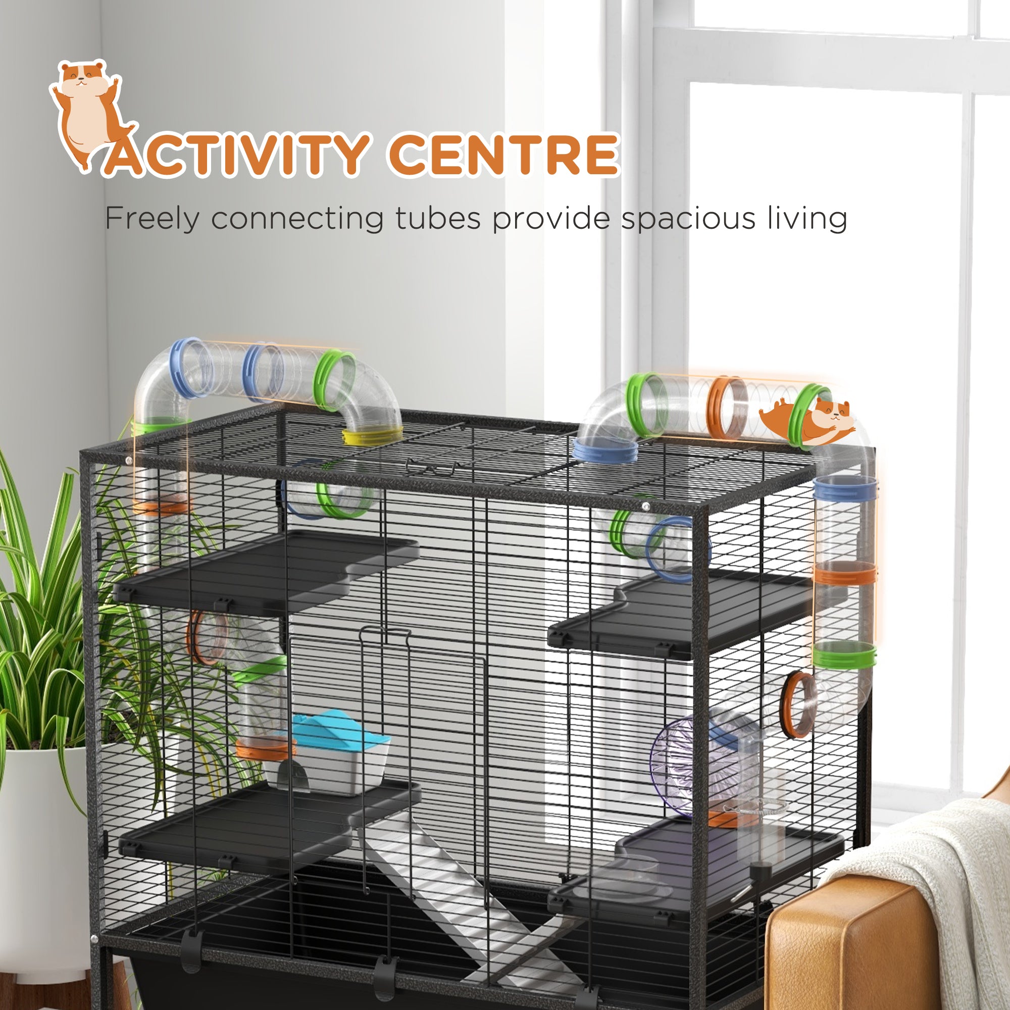 Large Hamster Cage, Gerbil Cage with Tubes, Storage Shelf, Ramps, Platforms, Running Wheel - Black