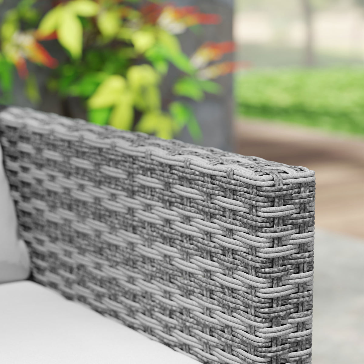 3 Piece Grey Rattan Bistro Set with Cushions and Glass Top Table