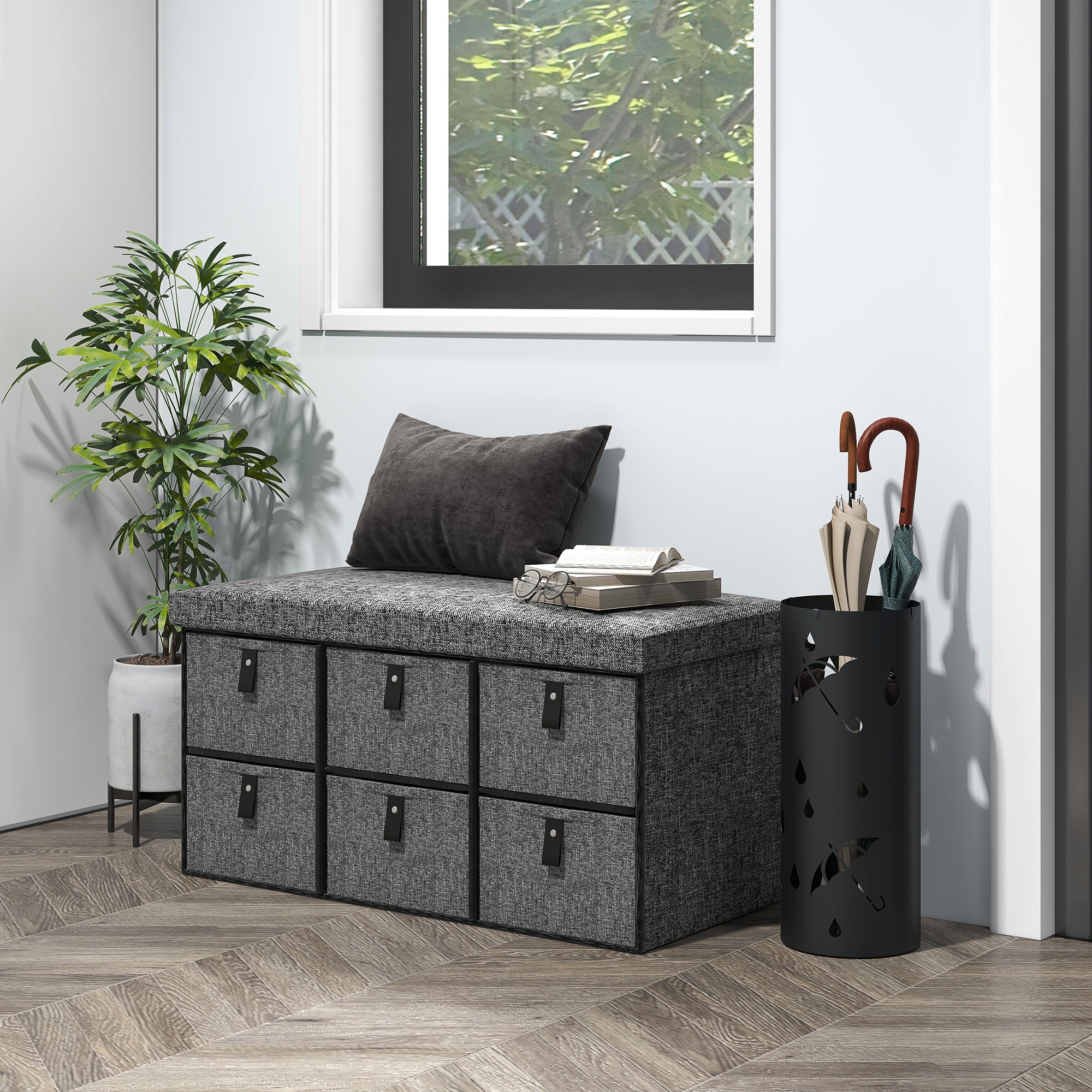 Six-Drawer Shoe Storage Bench, with Padded Top Seat - Dark Grey