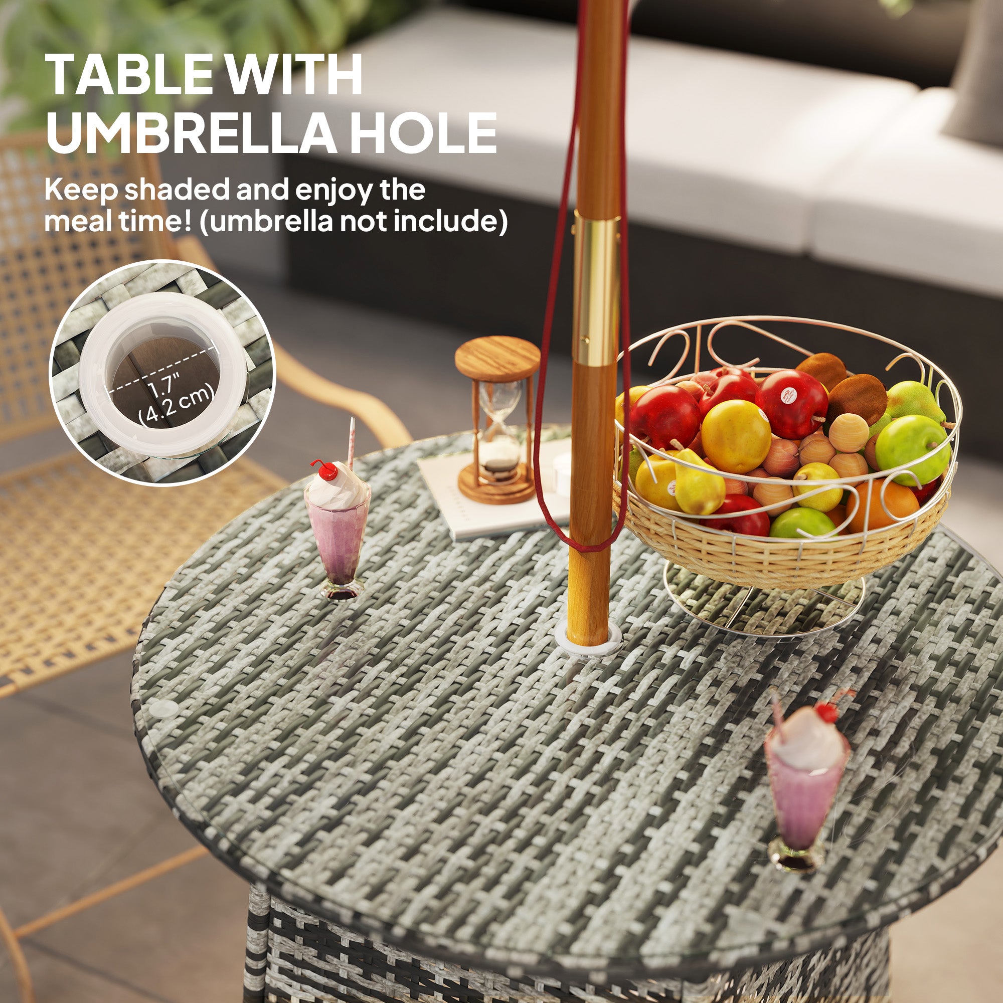 1 Piece Wicker Rattan Garden Coffee Table with Umbrella Hole Grey