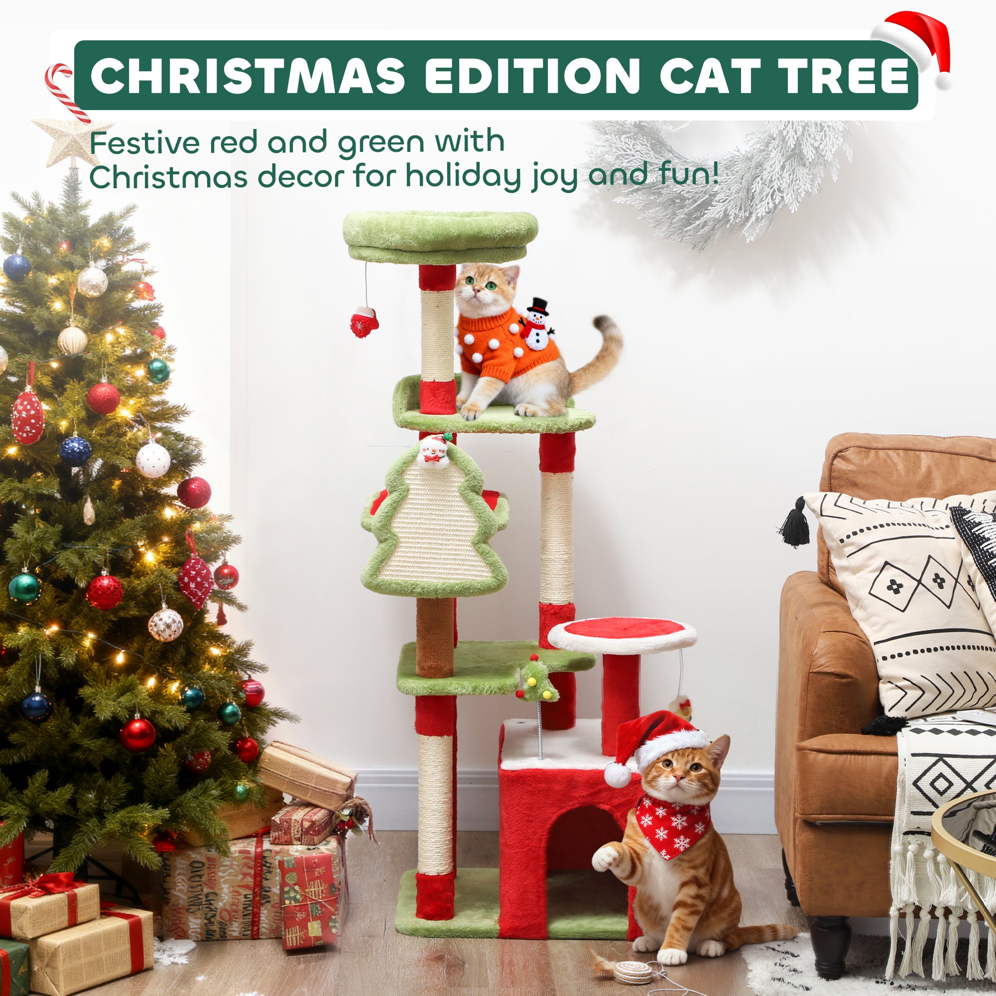 Cat Tree, 120cm Christmas Cat Tower with 3 Scratching Posts, Scratching Board, 2 Perches, Platforms, Toys, Green