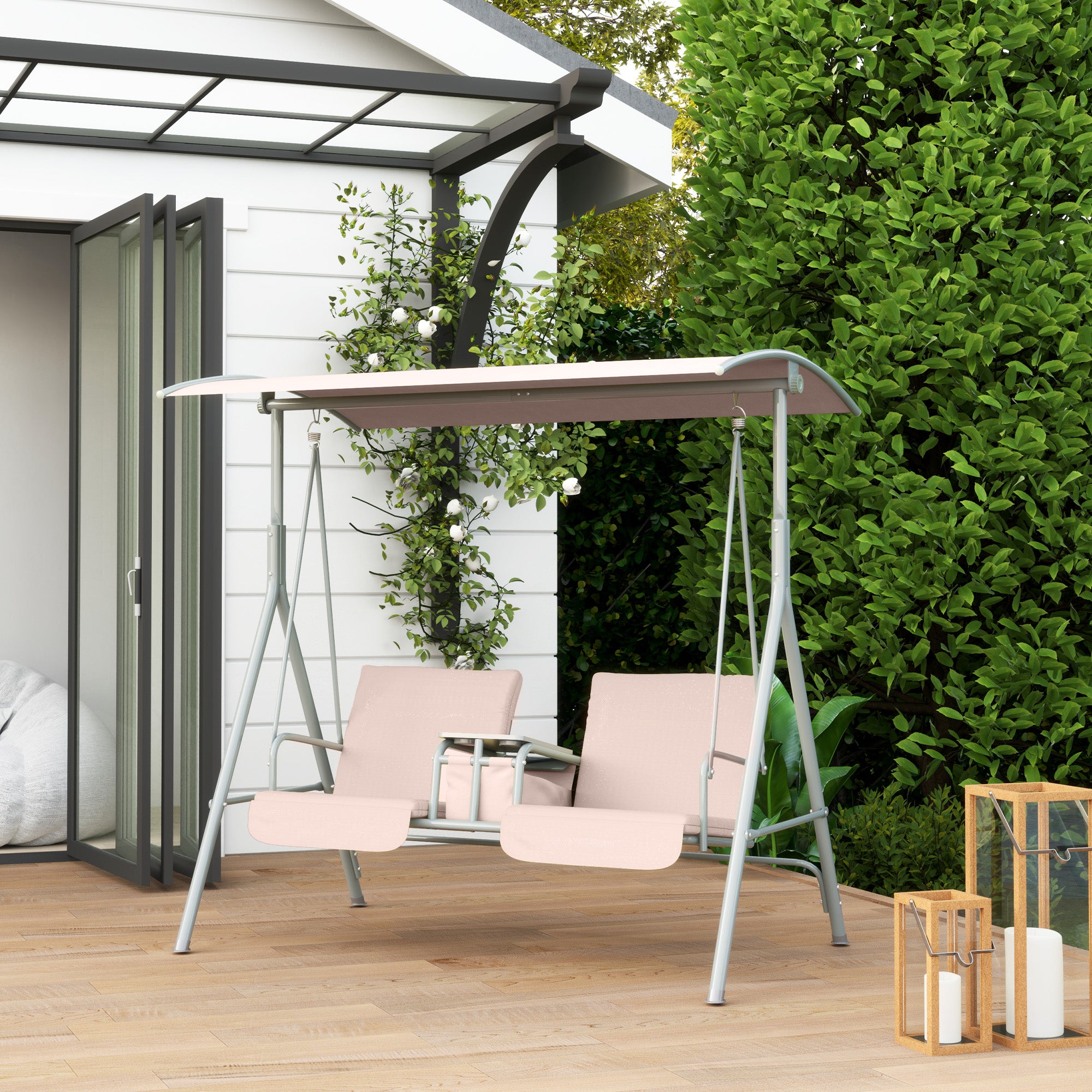 2 Seater Garden Swing Chair with Tilting Canopy and Storage Bag - Beige